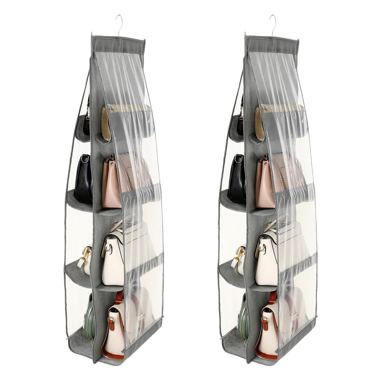 4 Pack Purse Organizer for Closet, Hanging Handbag Storage with 8 Clear PVC Pockets, Purse Organizer for Wardrobe Door Wall, Gray 41x13.5x12.6 Inch