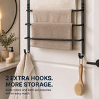 Over The Door Towel Rack, 3 Tier Metal Towel Bars with 2 Hooks for Bathroom,Add Extra Storage with 3 Fixed Towel Bars, 2 Bottom Hooks and Adhesive Pads—Perfect for bathrooms, bedrooms and RVs.