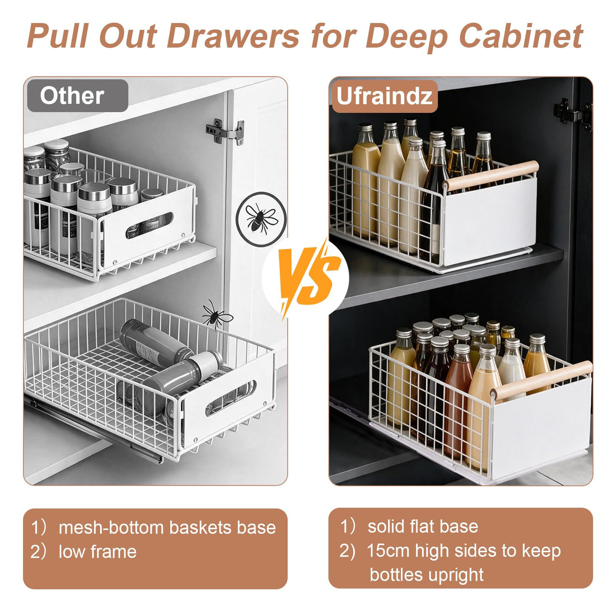 2 Pack Pull Out Cabinet Organizer Slide Out Storage Baskets with Wooden Handle, Spice Rack for Kitchen, Pantry Shelves No Drill Pullout Drawers for Under Sink, 6.6''H*9.3''W*15.7''D White 2 Pack