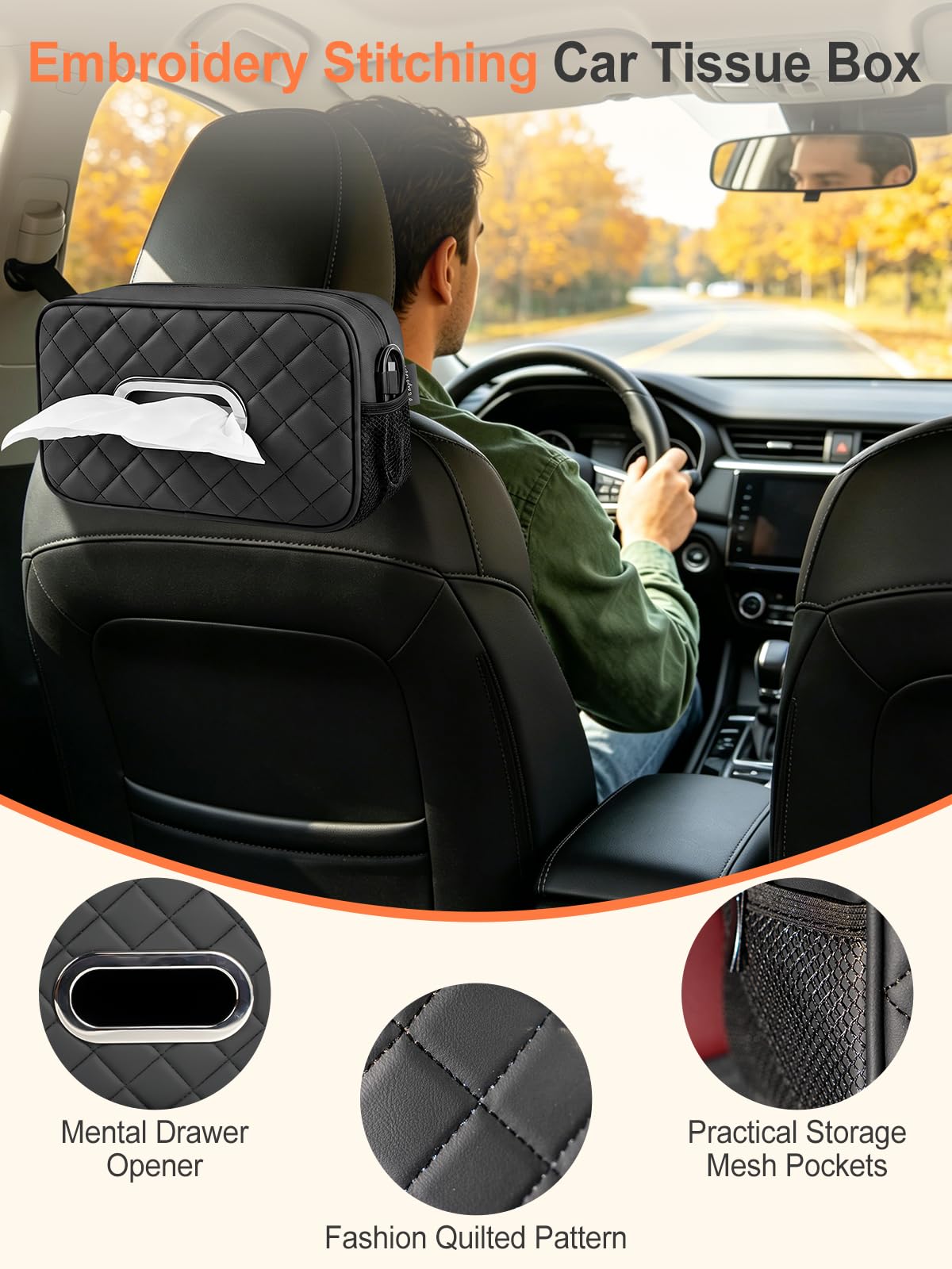Multi-Functional Car Tissue Holder with ‌2 Storage Nets, Tissue Box Cover Black