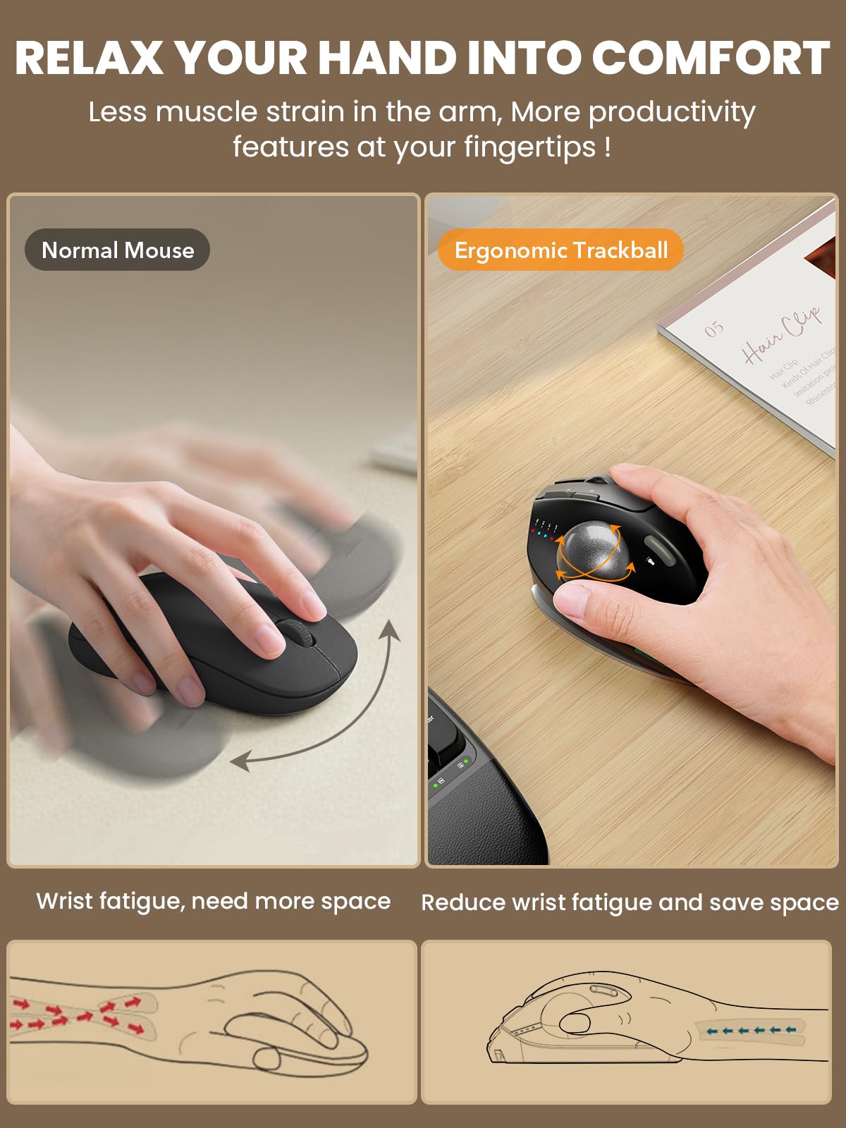 Ergonomic Wireless Trackball Mouse, Rechargeable Adjustable 0°/18° Angle Gray ball