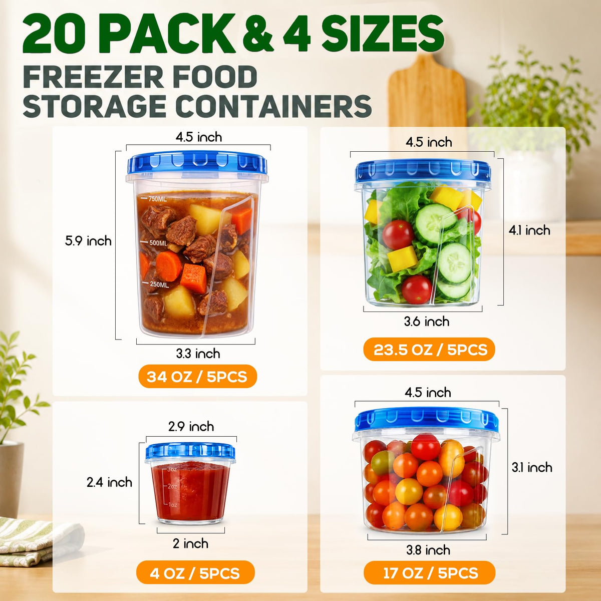 20 Pack Freezer Food Storage Containers with Twist Lids for Soup Meal Prep