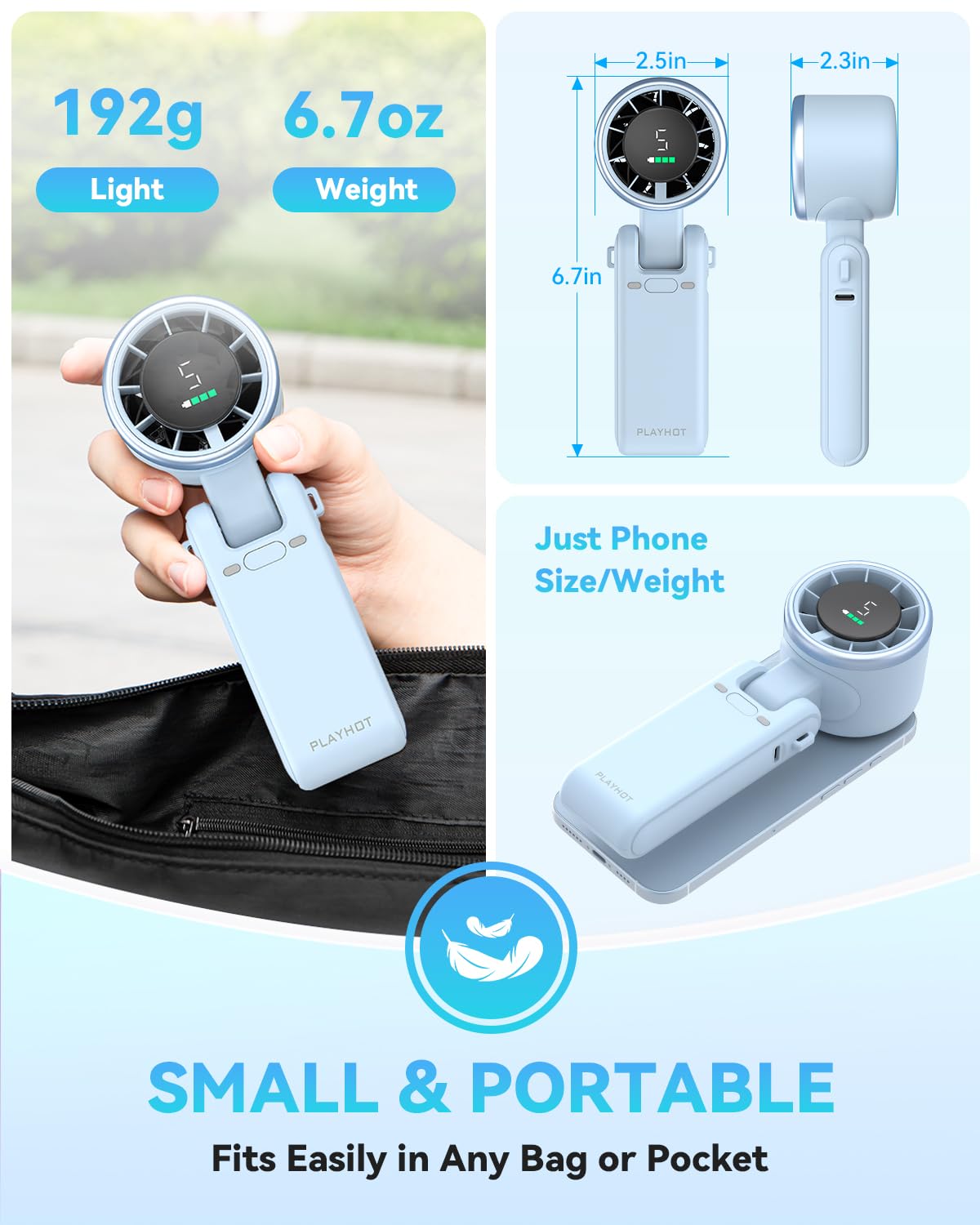 PlayHot Portable Handheld Turbo Fan, Travel Essentials, Gifts for Women/Men Blue