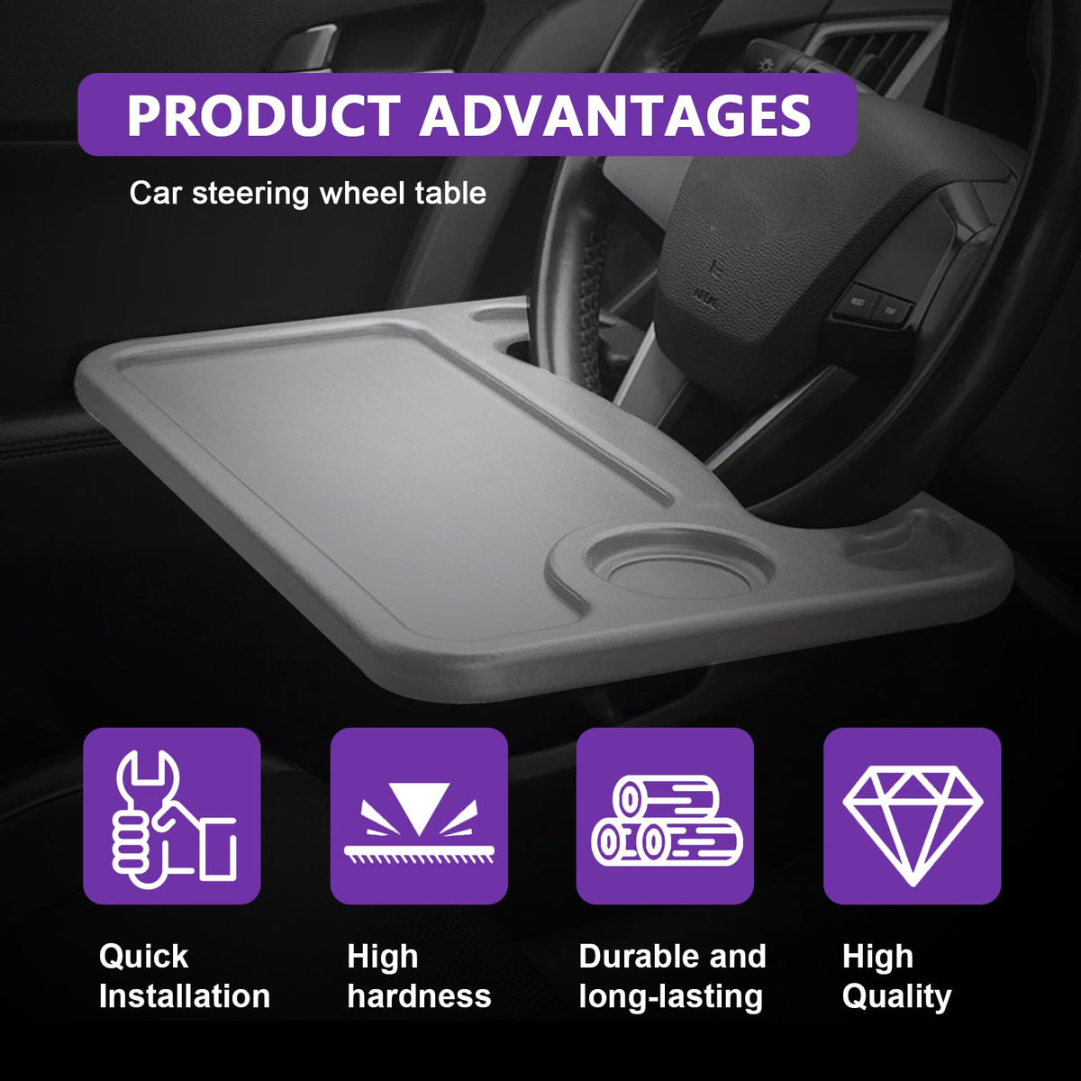 Multipurpose 2 in 1 Car Steering Wheel Desk Tray Laptop Mount and Food Table for Eating with Drink and Pen Holder Compatible with Most Vehicles (Black) black