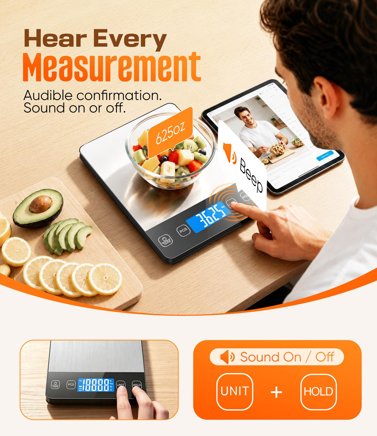 Food Scale 33 lb Capacity, Rechargeable Kitchen Scale with 7 Units Sliver