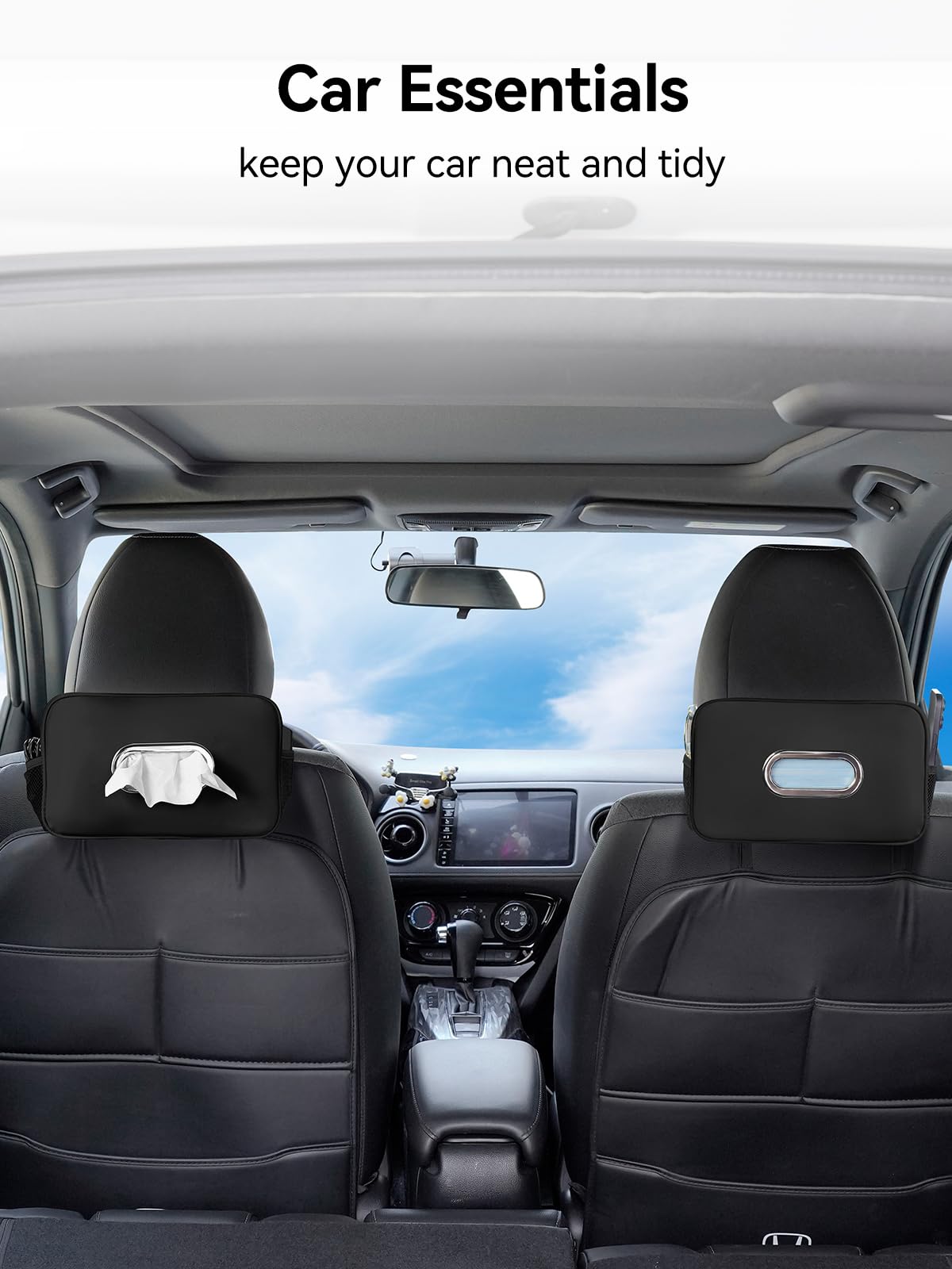 Multi-Functional Car Tissue Holder with ‌2 Storage Nets, Tissue Box Cover Black