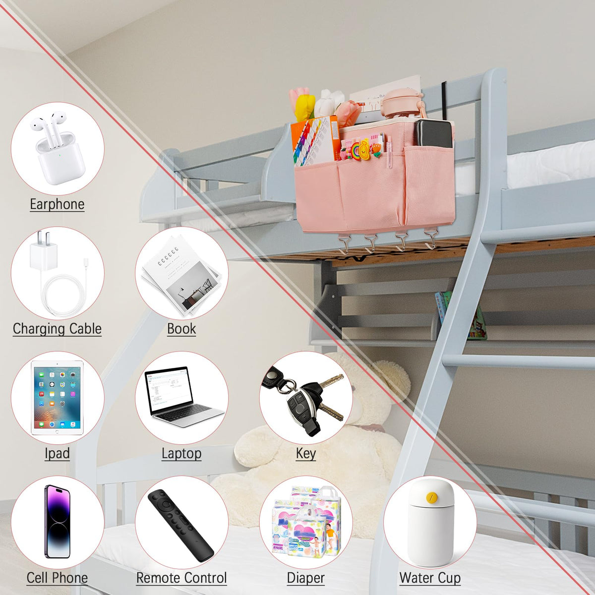 Bedside Caddy Organizer 5 Pockets and 4 Hooks for Bunk Bed Black