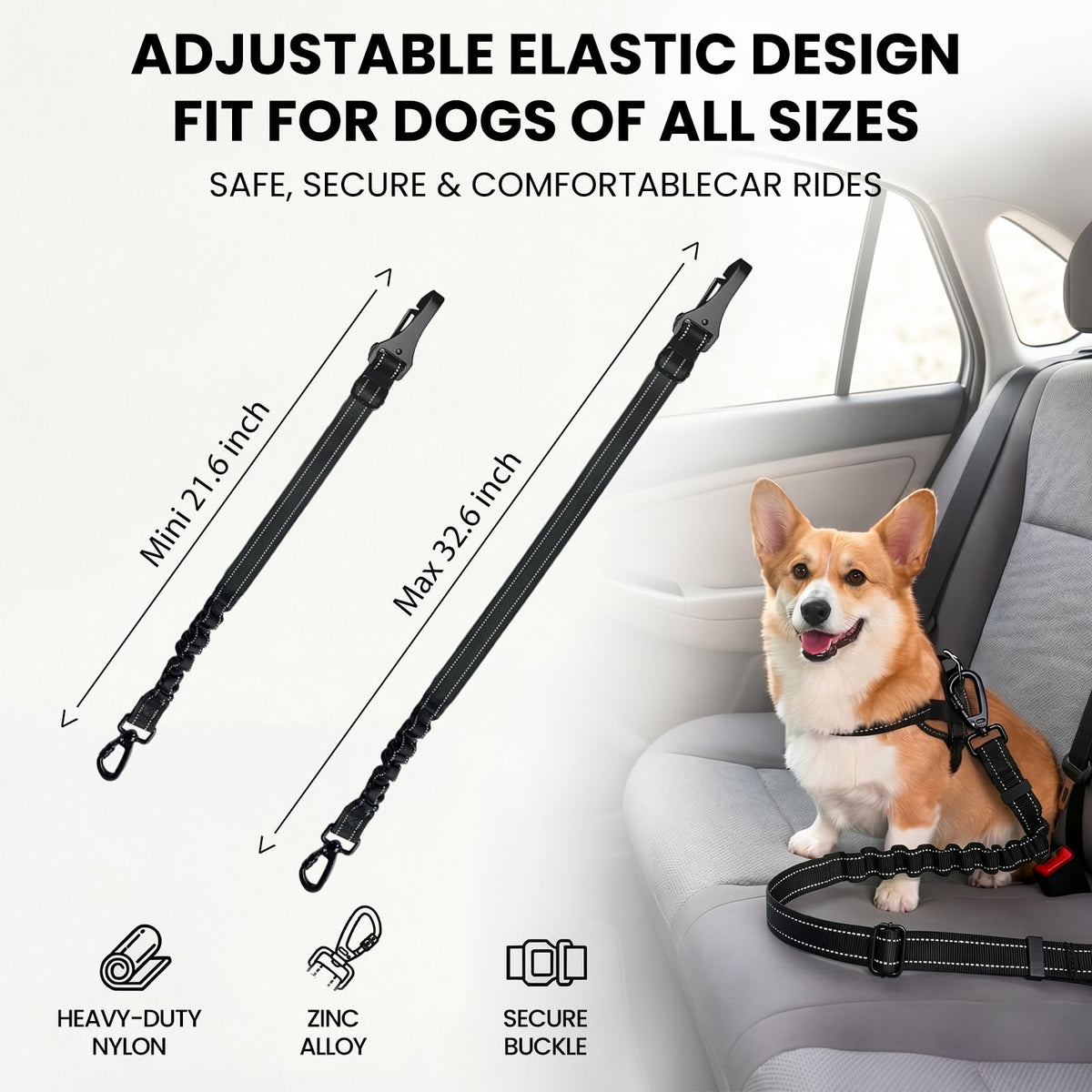 Dog Seat Belt for Car, 3-in-1 Adjustable Dog Seatbelt, Black 21.6"-32"