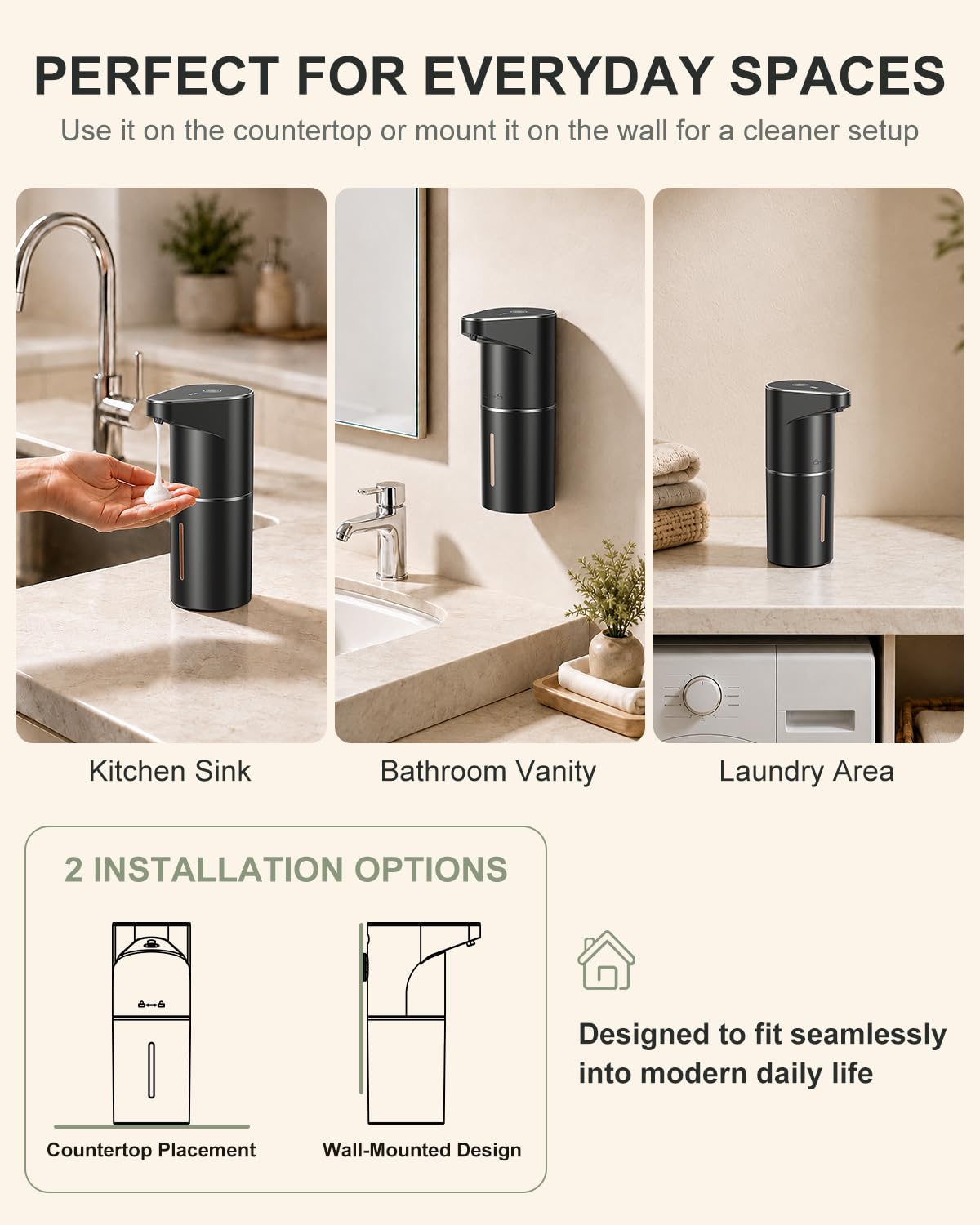 Fantictas Automatic Liquid Soap Dispenser, 3 Levels for Kitchen and Bath Black Gel