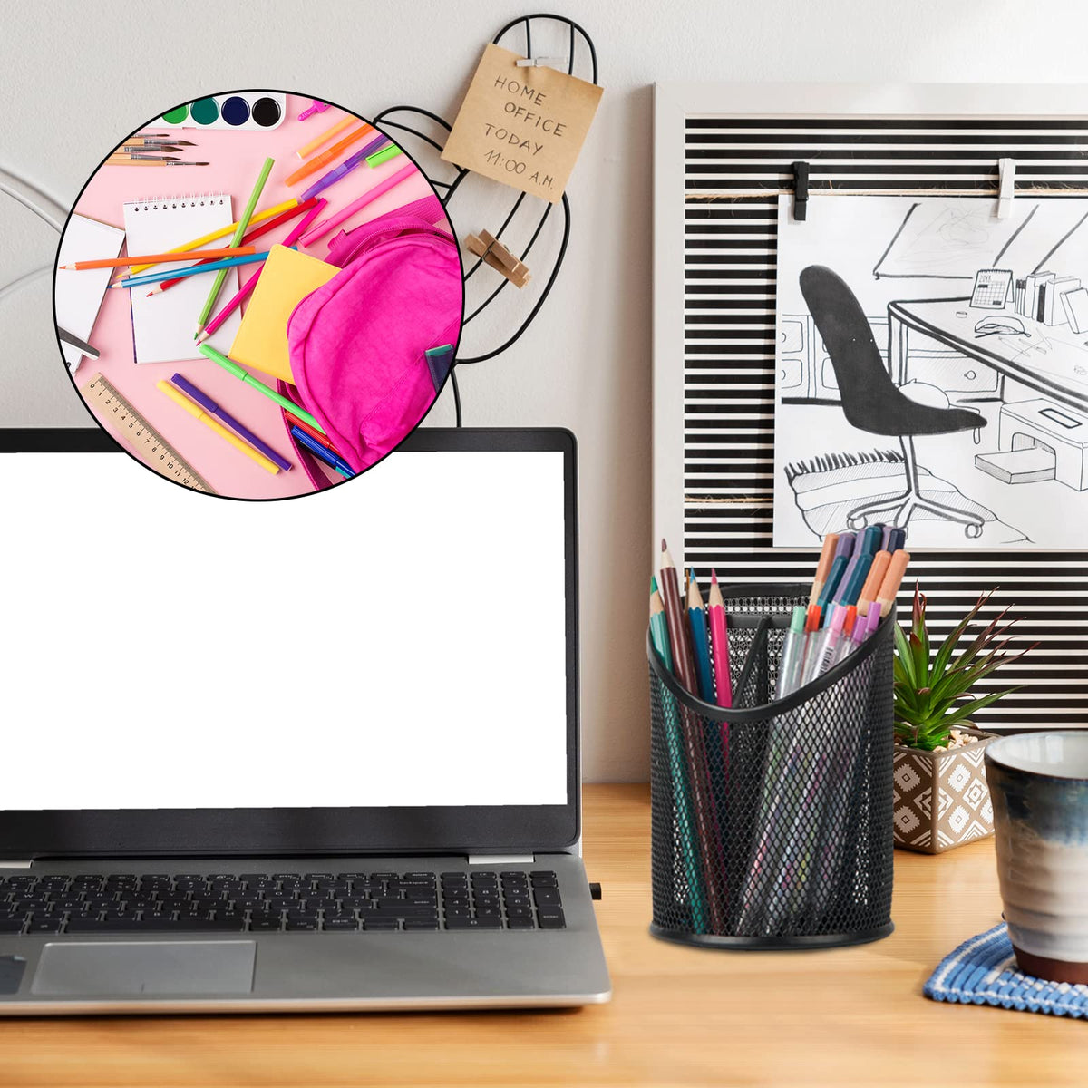 Delifox 2 Pack Pen Holder Mesh Round Pencil Holder 3 Compartments, Black