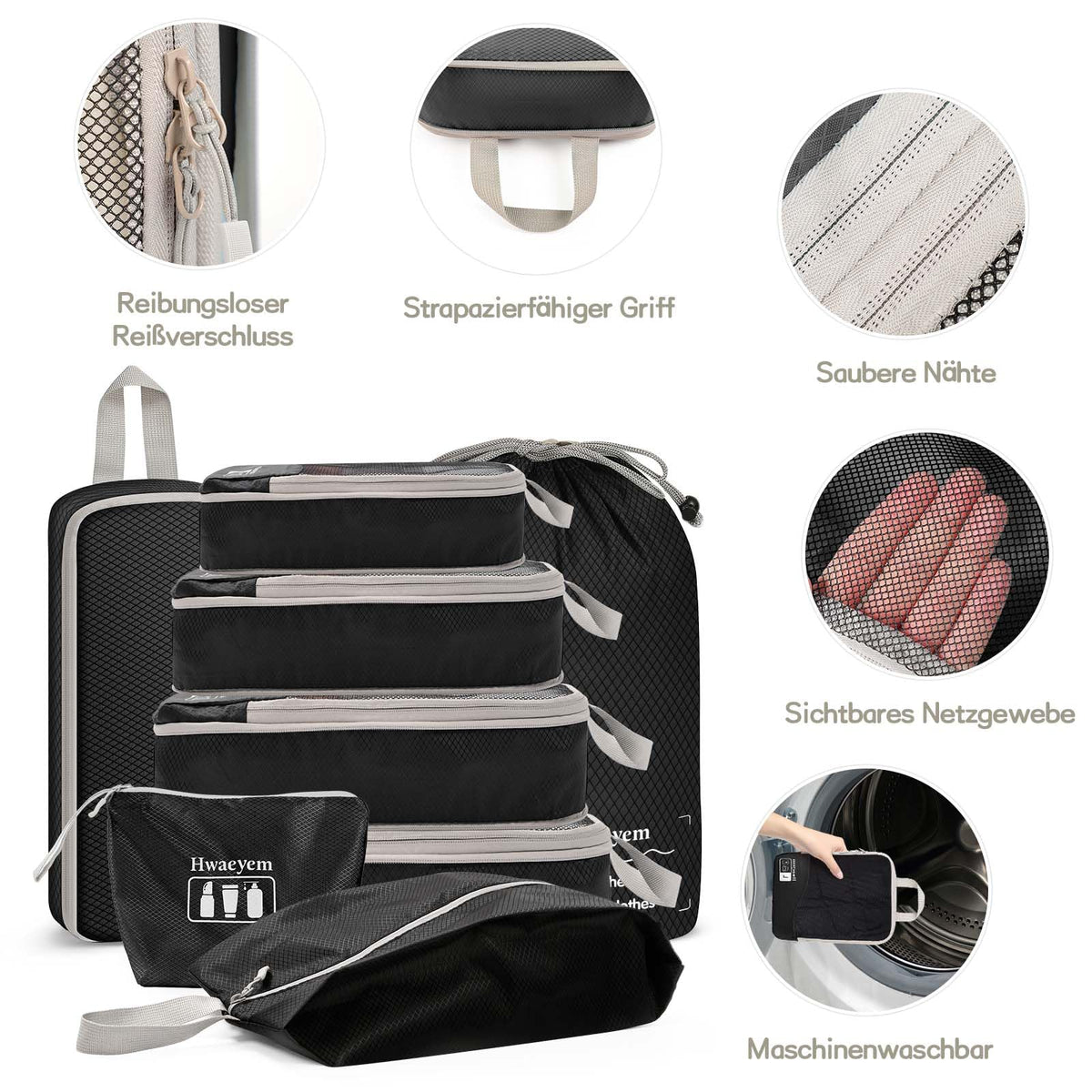 Compression Packing Cubes 8 Set, Dual Zipper Compression Packing Cubes for Travel, See-Through Mesh Packing Bags for Suitcases, Packing Cube with Shoe Bag (Black) 8 Set Black