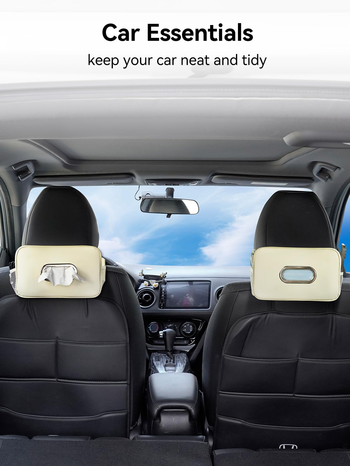 Multi-Functional Car Tissue Holder with ‌2 Storage Nets, Tissue Box Cover Black