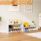 3-Tier Expandable White Shoe Rack Organizer for Closet, Stackable Shoe Racks Storage Shelf, Small Metal Wood Combination Shoe Shelves for Closets,Entryway,Front Door, Narrow Space,Hallway,8-16 Pairs 1 PACK(3-Tier）