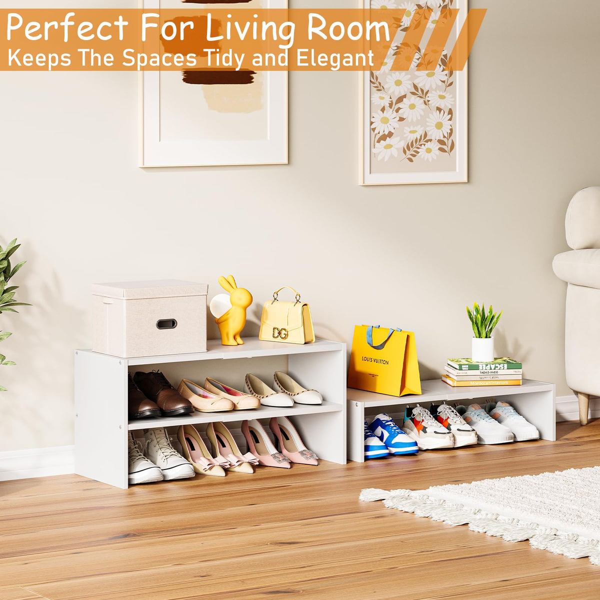 3-Tier Expandable White Shoe Rack Organizer for Closet, Stackable Shoe Racks Storage Shelf, Small Metal Wood Combination Shoe Shelves for Closets,Entryway,Front Door, Narrow Space,Hallway,8-16 Pairs 1 PACK(3-Tier）