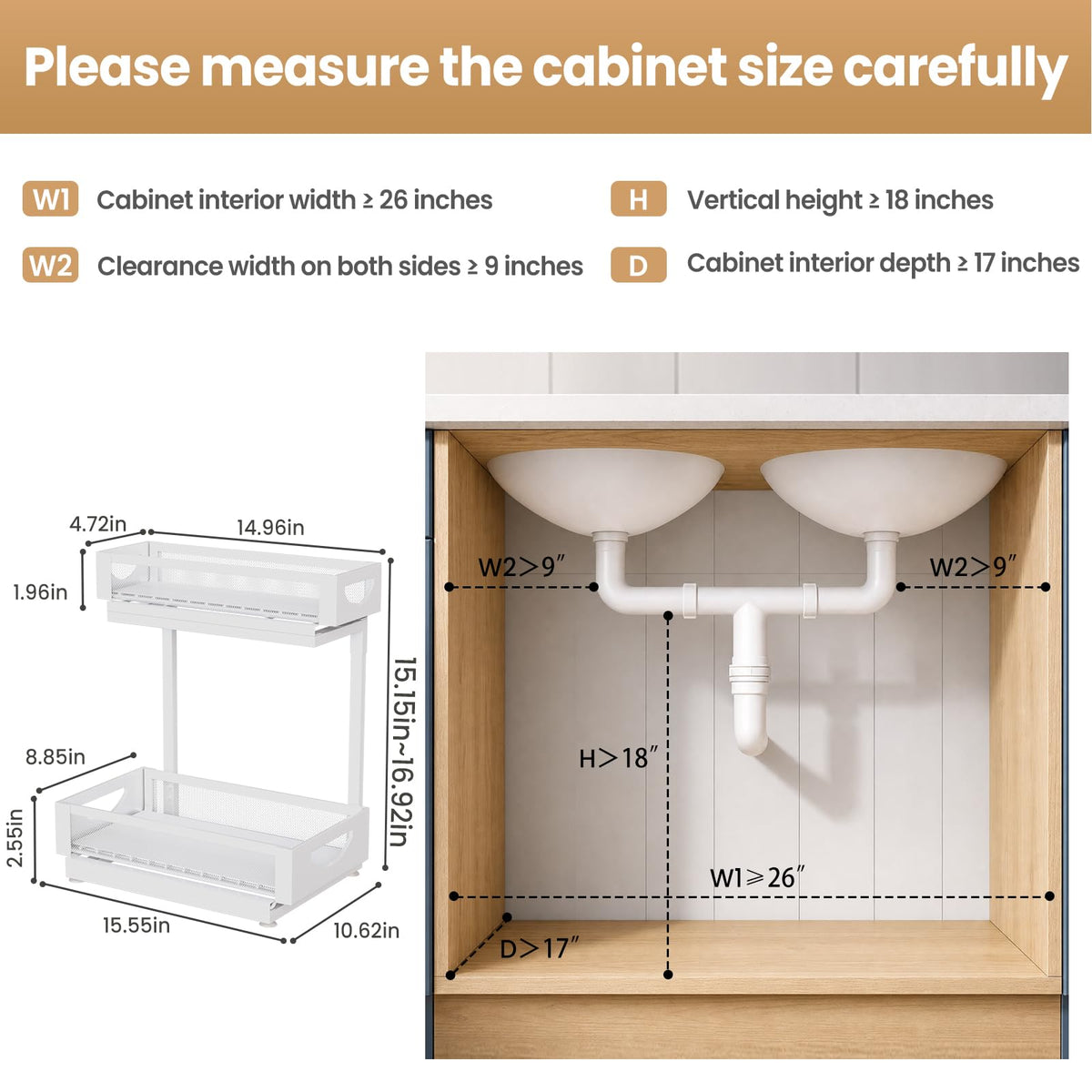 Under Sink Organizer for Kitchen and Bathroom Cabinets Pull Out Storage White 2 Pack 2Tier