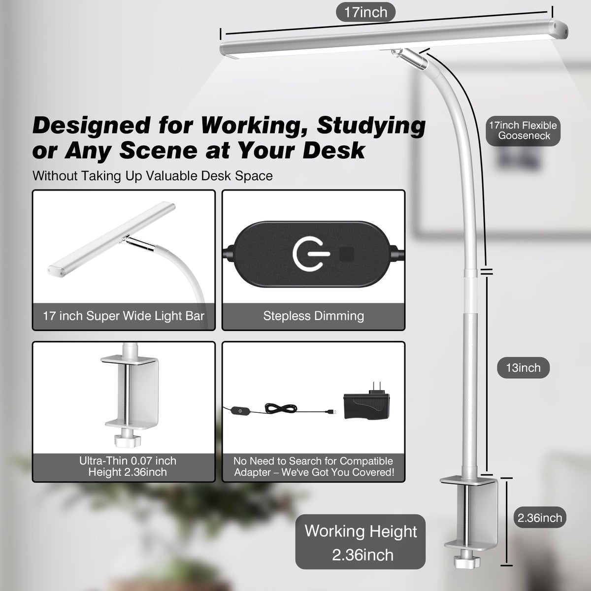 Airlonv LED Desk Lamp with Clamp, 17" Stepless Dimming Light, Black Standard