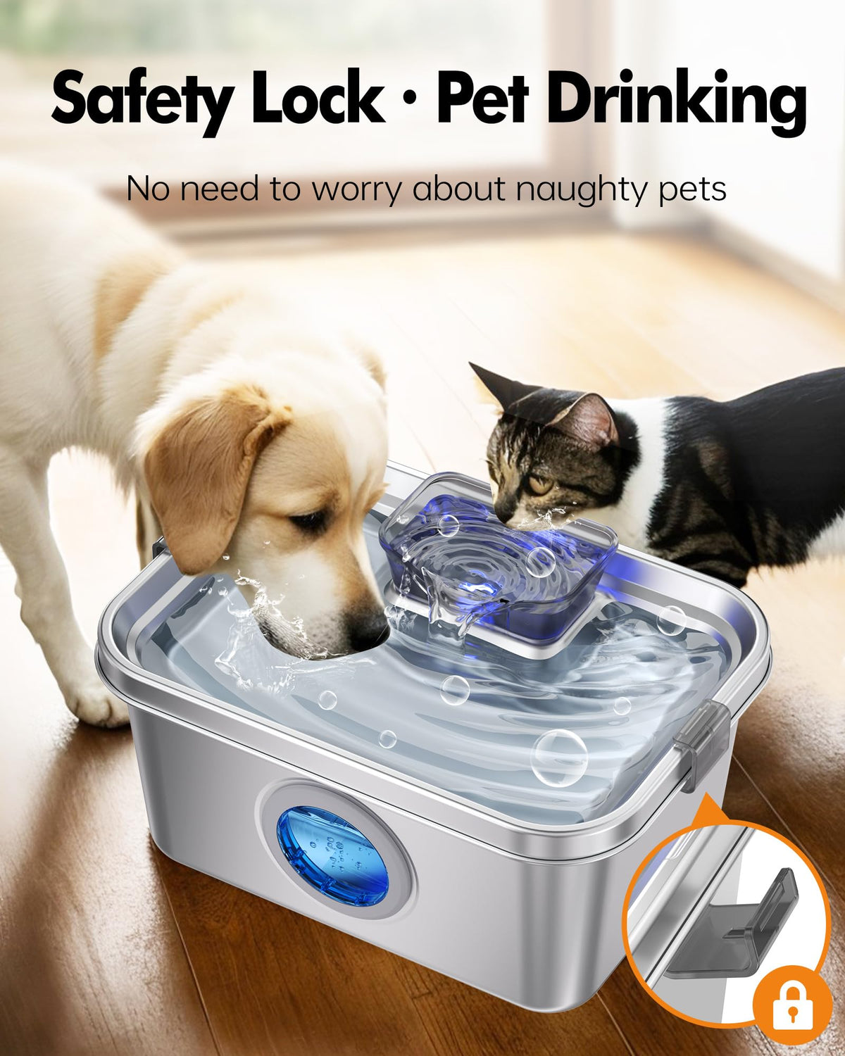 Dog Water Fountain 2 Gal, Stainless Steel Dog Water Fountain for Large Dogs Multi-Cats, Pet Water Fountain with Big Window, Super-Quiet Pump, Indoor Automatic Dog Water Bowl Dispenser Fountain Filters Dog fountain with filter