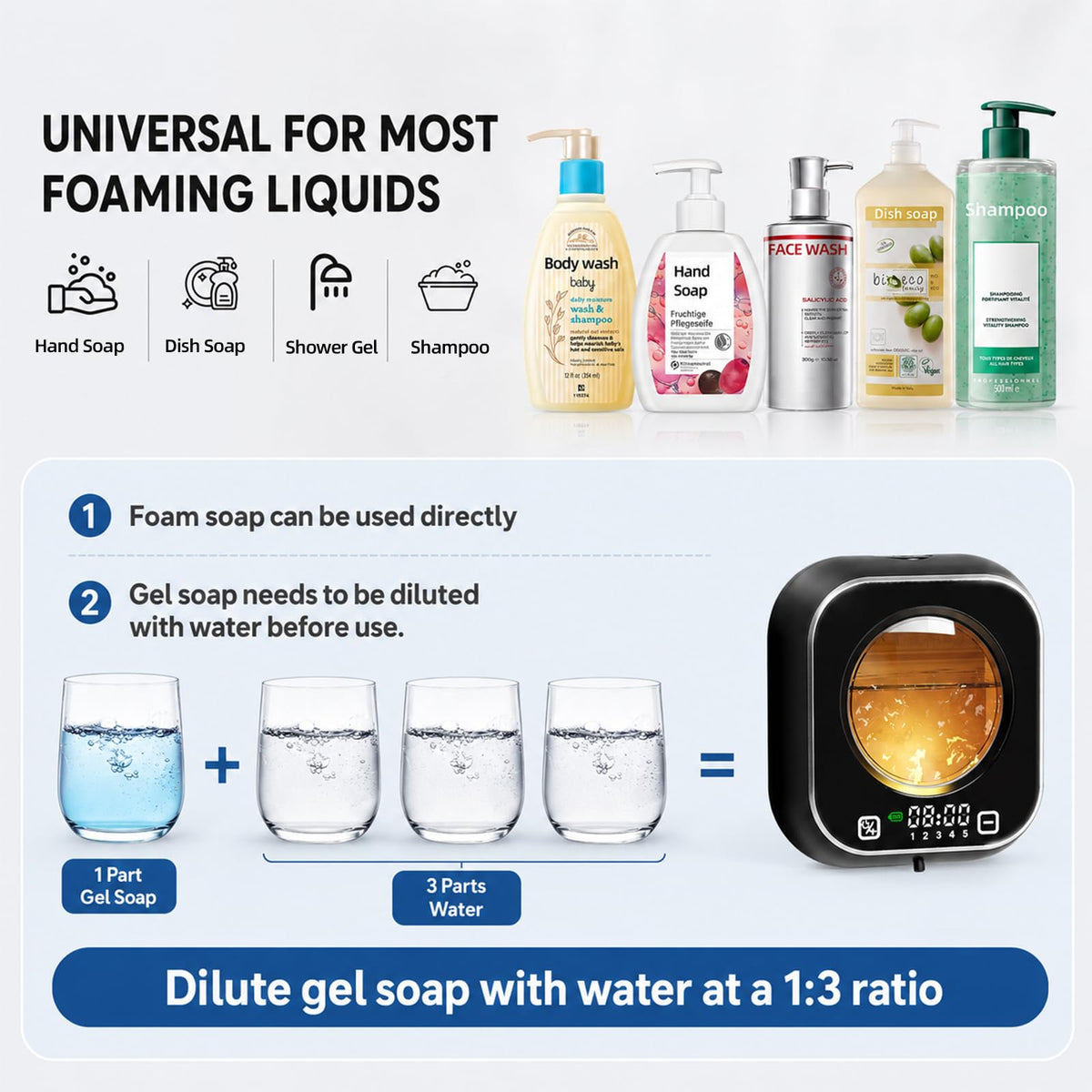 Automatic Soap Dispenser Touchless, Wall Mount, Rechargeable, Mood Lighting Black