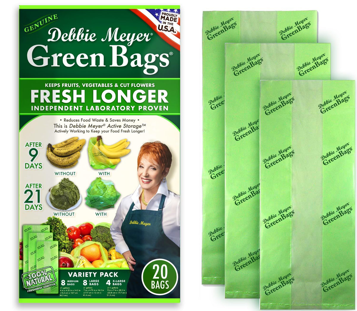 Debbie Meyer GreenBags, 20-Pack (8M, 8L, 4XL), Reusable Food Storage Bags