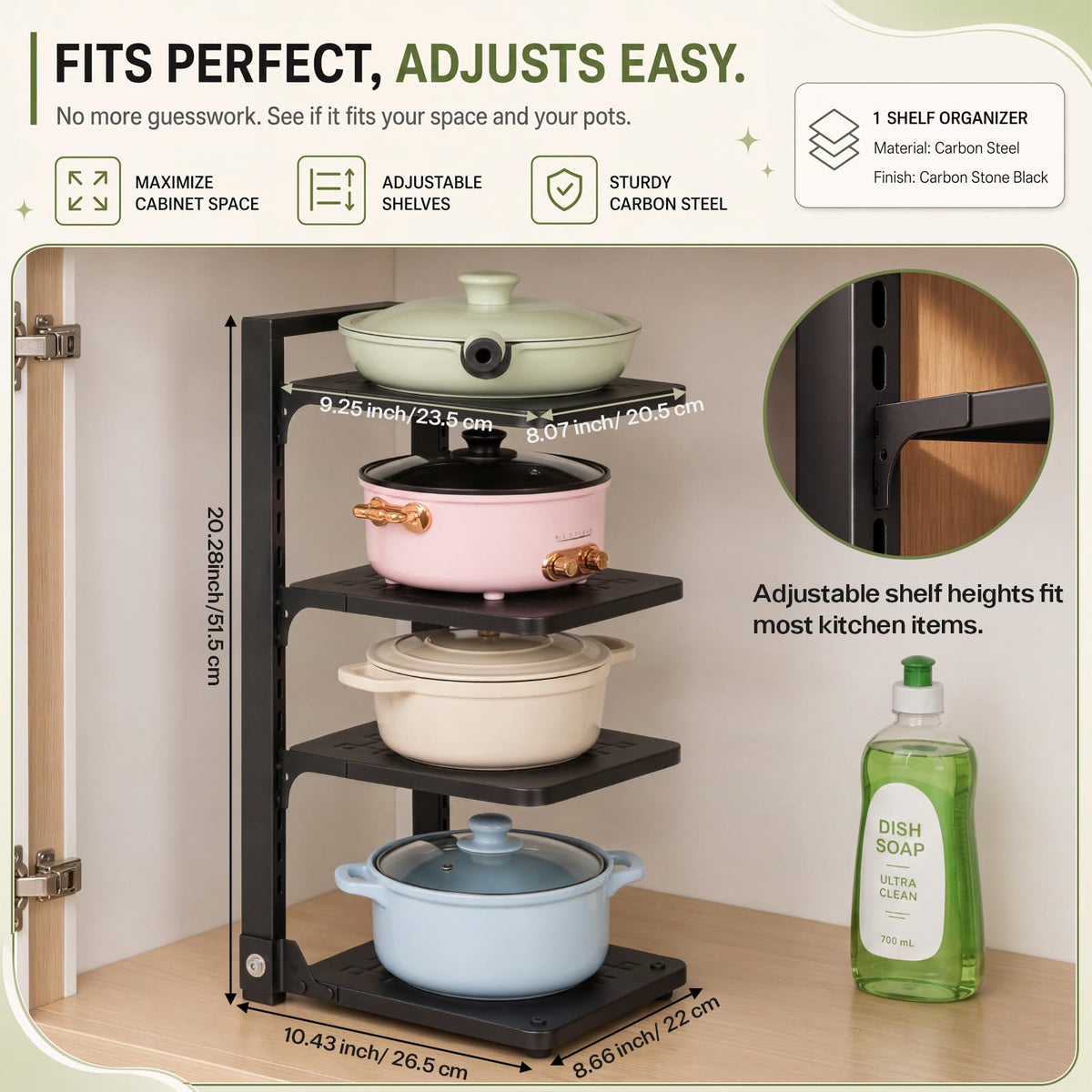 1 Pack 4Tier Pot Pan Organizer Under Cabinet Adjustable Heavy Duty 1