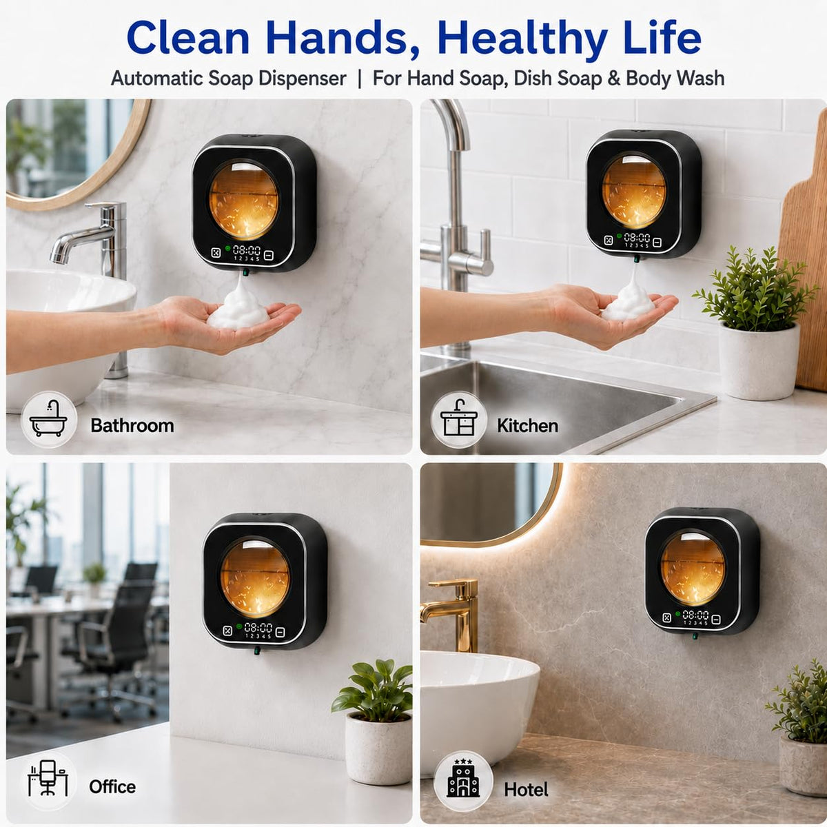 Automatic Soap Dispenser Touchless, Wall Mount, Rechargeable, Mood Lighting Black