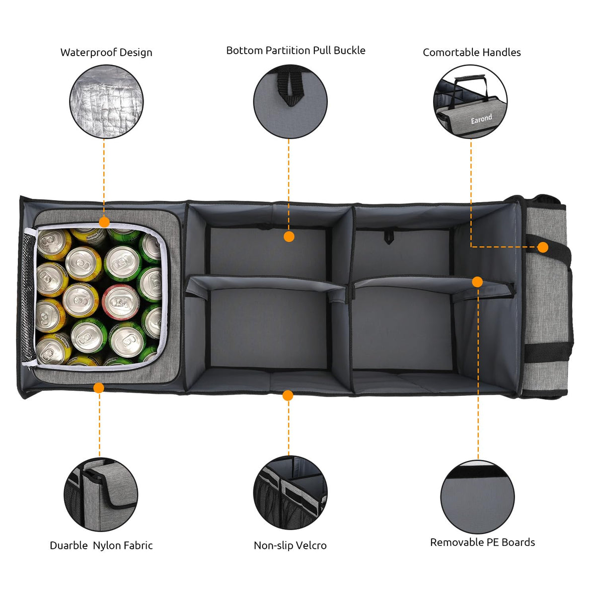 Collapsible Trunk Organizer with Insulated Leakproof Cooler Bag,Removable Lid,Adjustable Securing Straps,3 Compartments Trunk Organizer for SUV,Truck,Sedan(Grey & Black) Black&Grey With Cooler