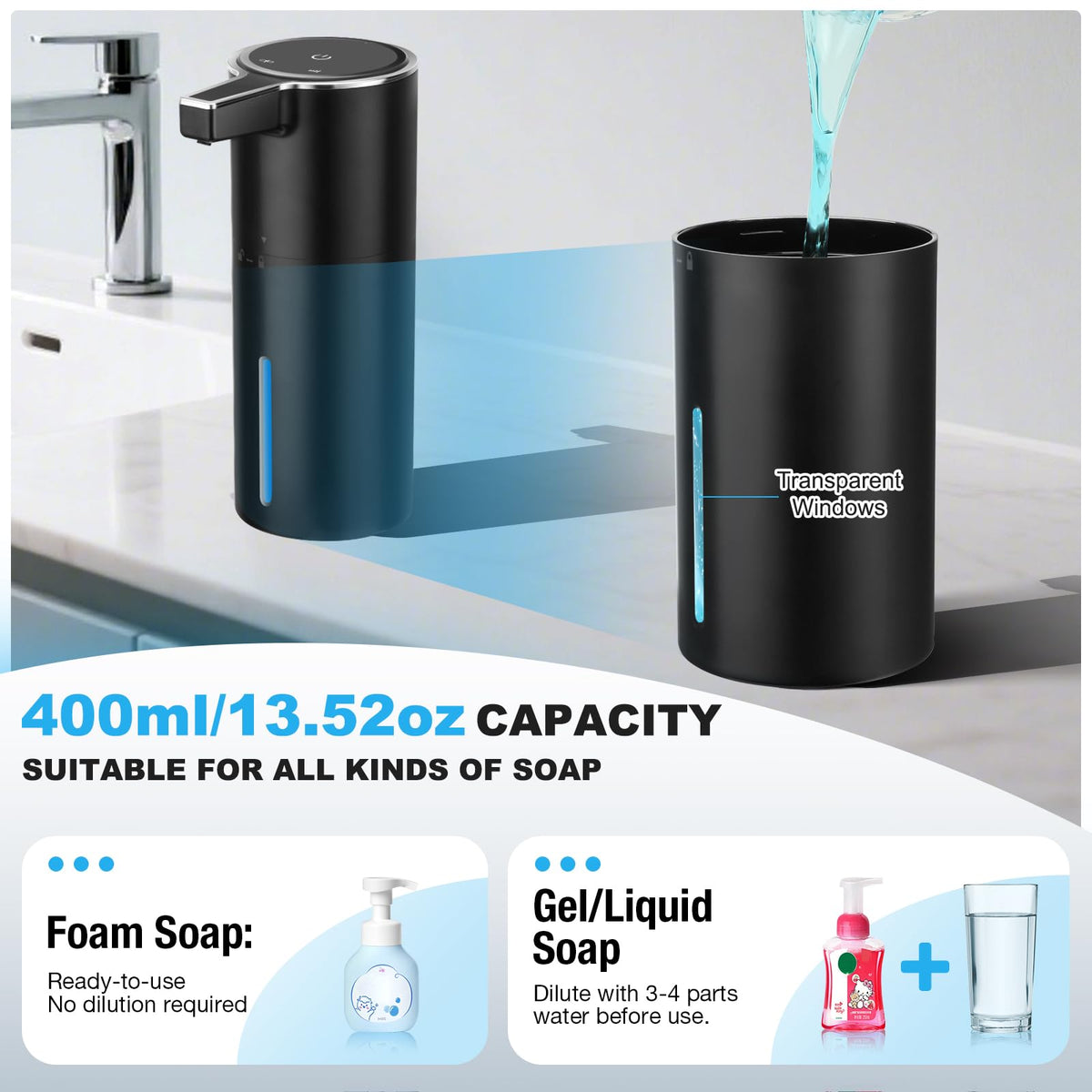 Automatic Soap Dispenser Touchless, 13.5oz Rechargeable Liquid Pump Black Liquid