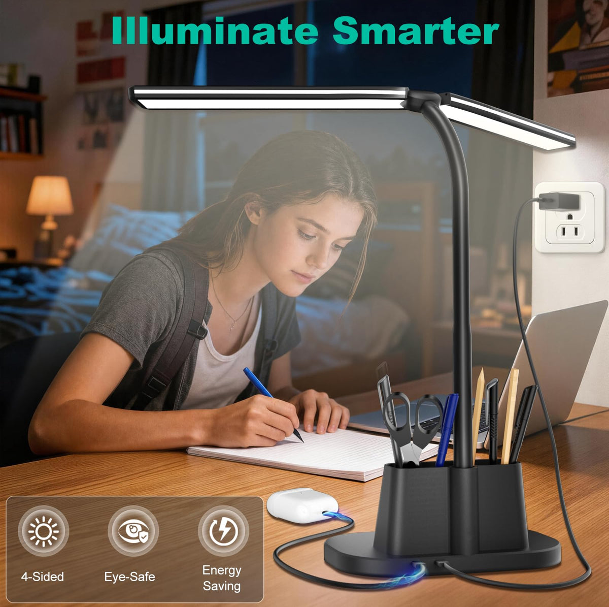 Airlonv LED Desk Lamp with Clamp, 17" Stepless Dimming Light, Black Standard