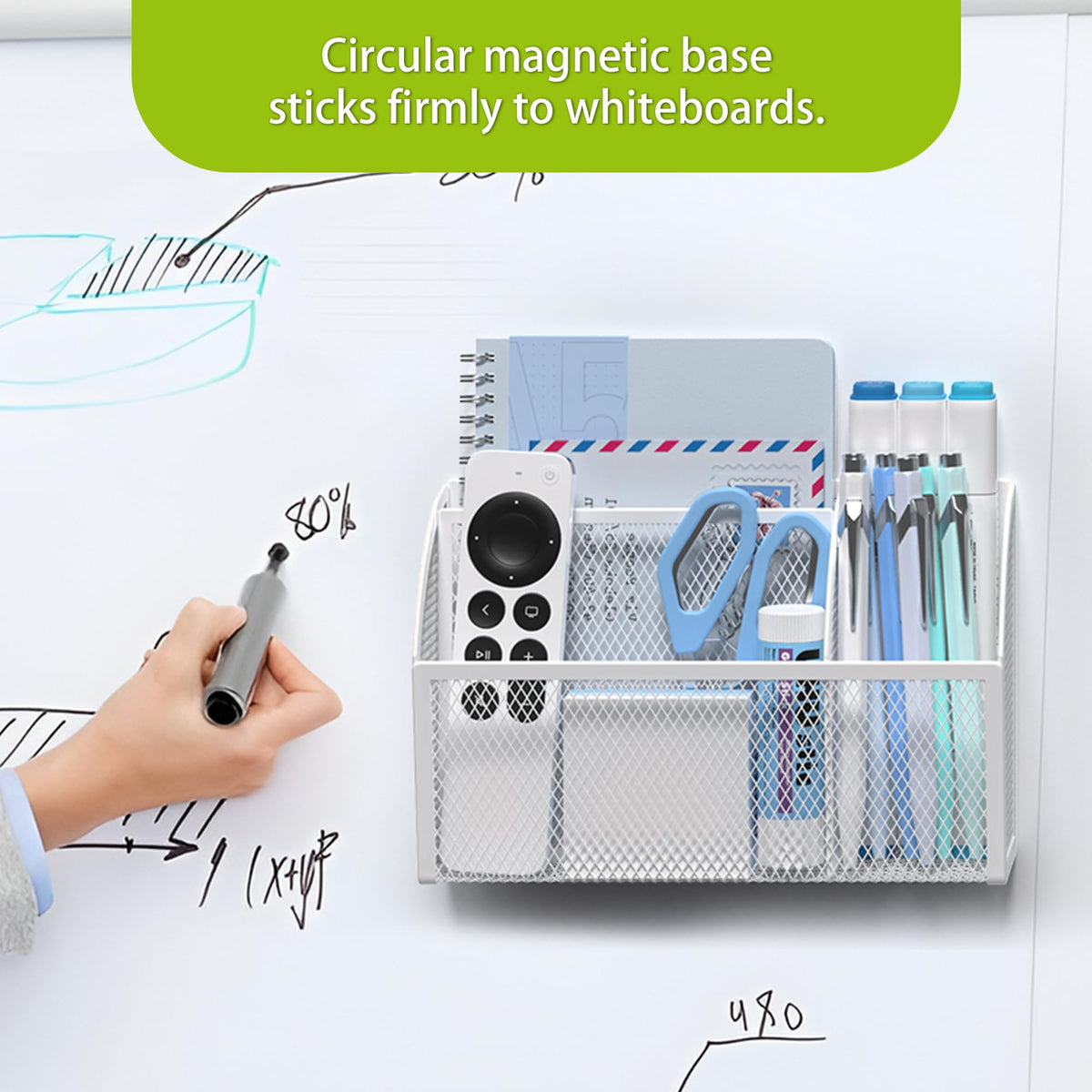 YINGHUA 3 Compartment Magnetic Metal Mesh Pen Holder, White Desk Caddy