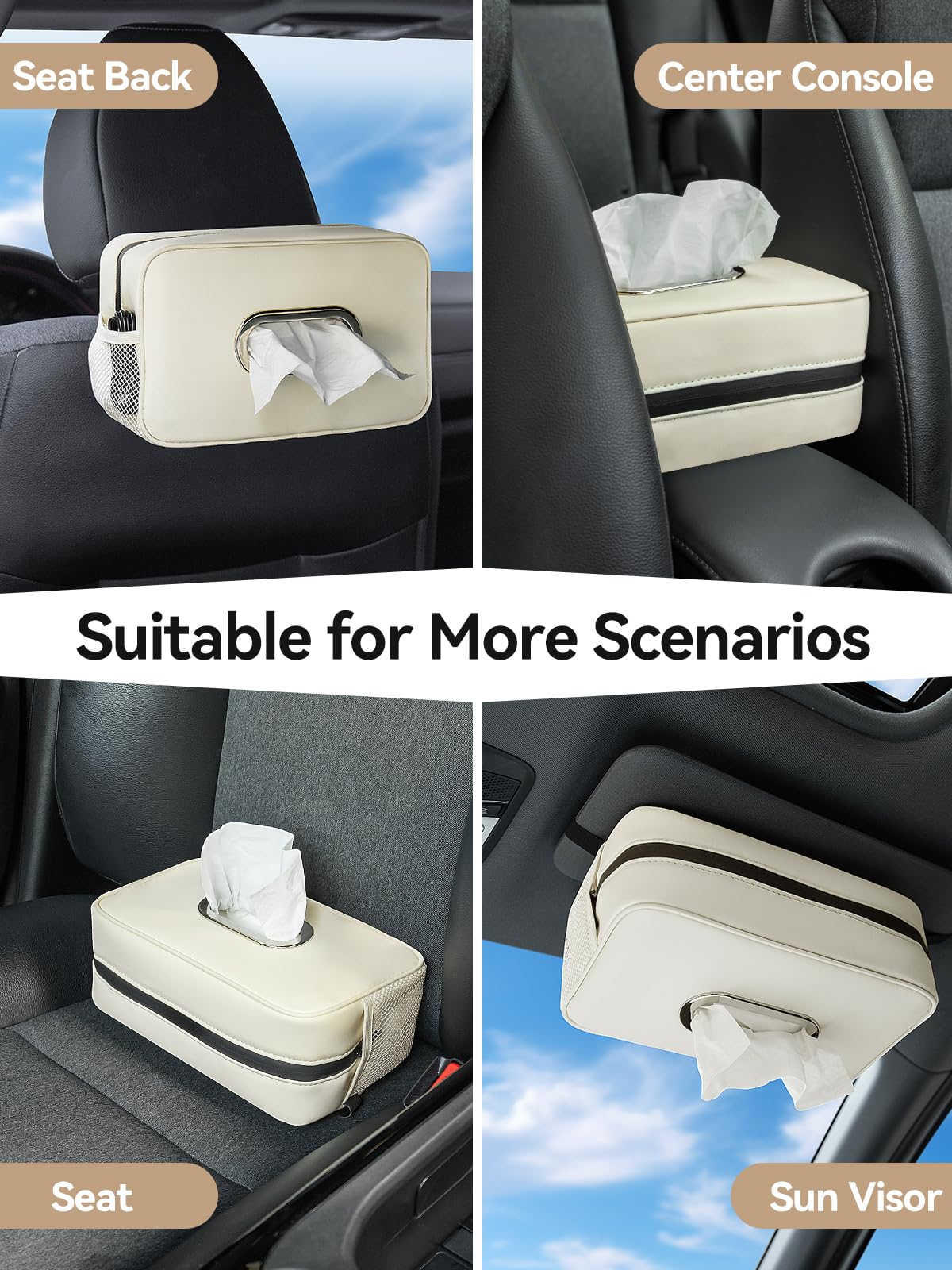 2PCS Multi-Functional Car Tissue Holder with ‌2 Tuck Nets, Tissue Box Cover 2pack Deep Black