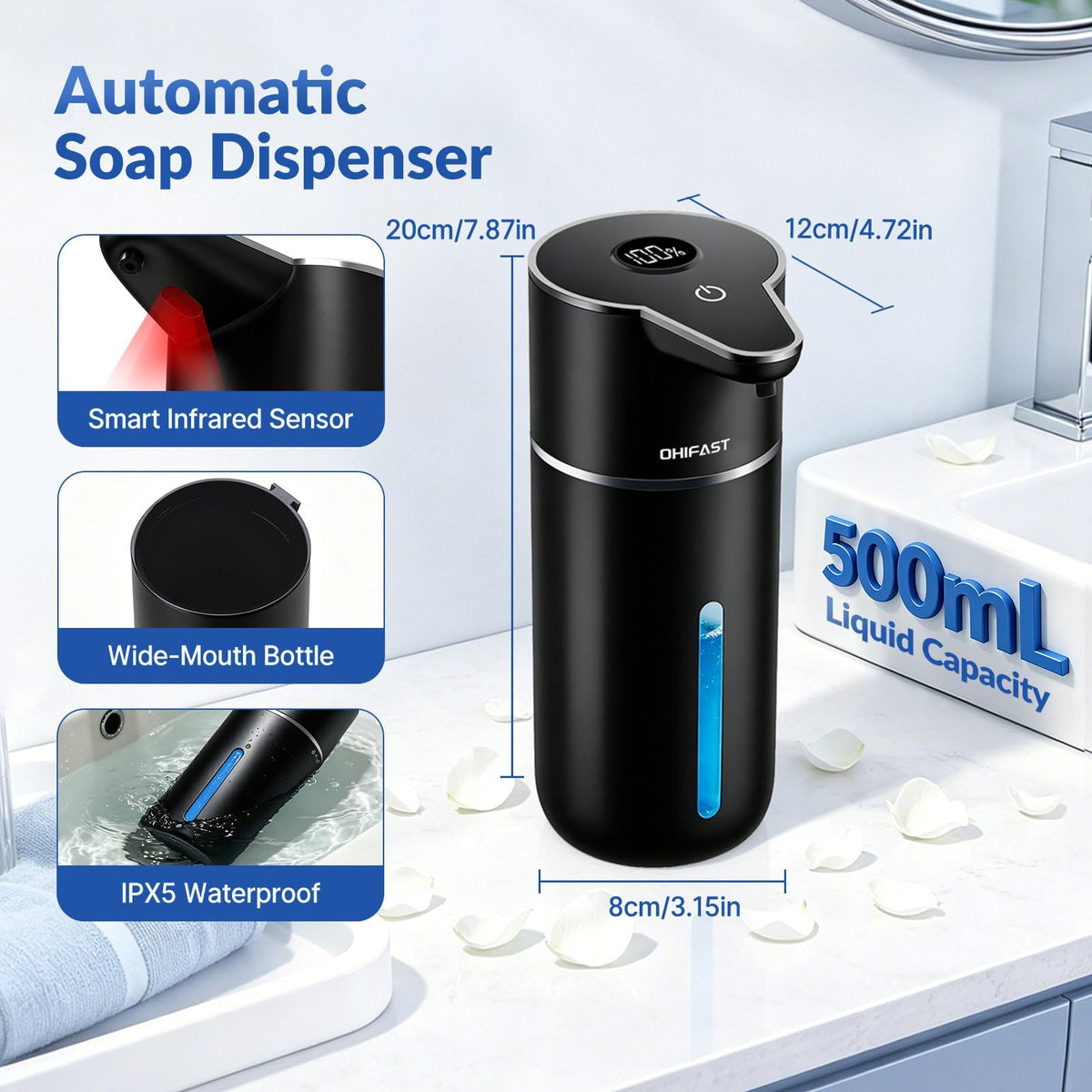 Automatic Liquid Soap Dispenser Touchless,6-Level Adjustable,USB Rechargeable Smart Soap Dispenser,16.9oz/500mL Compatible with Thick Thin Dish/Hand Soap for Bathroom Accessories Kitchen Sink-White White Gel