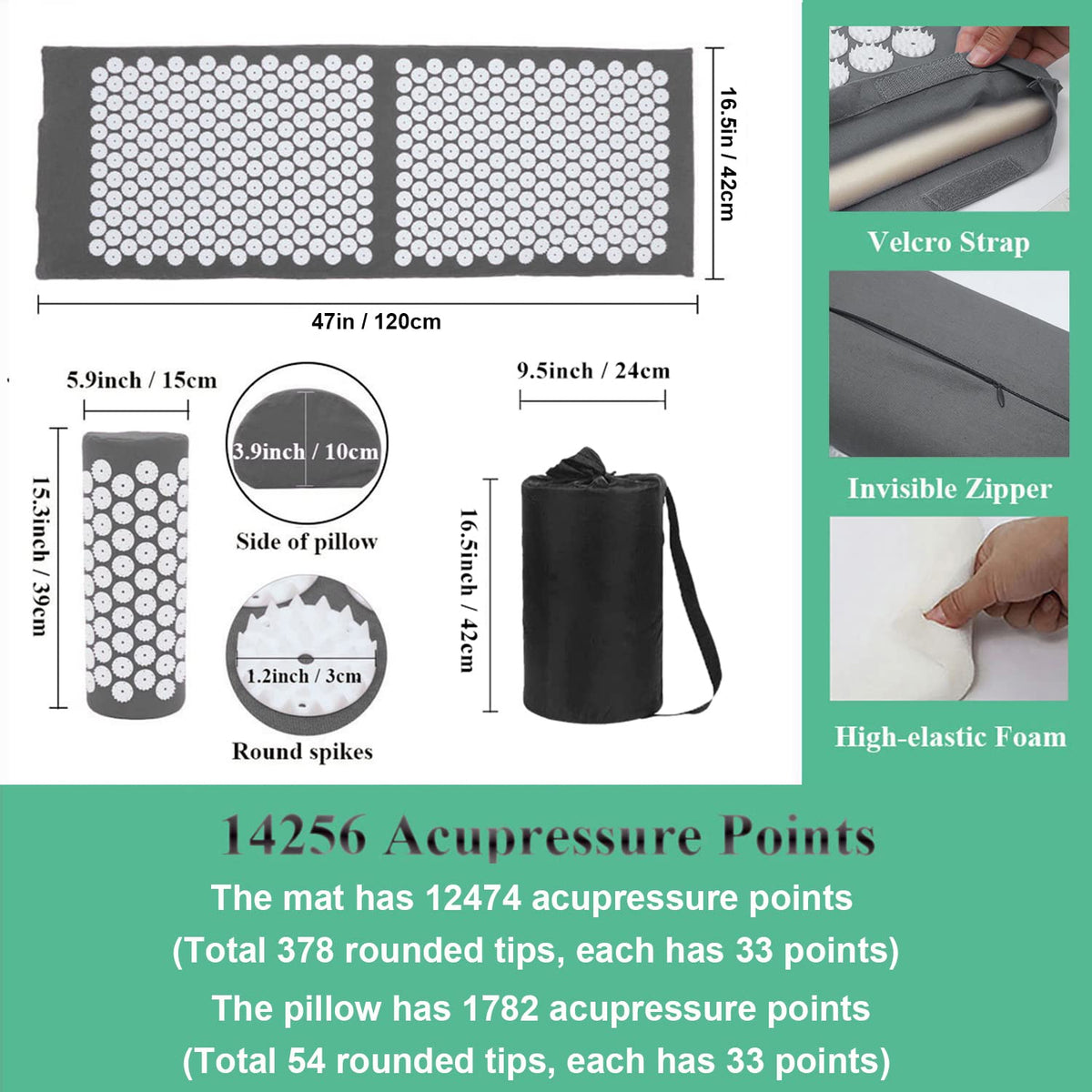 Acupressure Mat and Pillow Set with Carry Bag