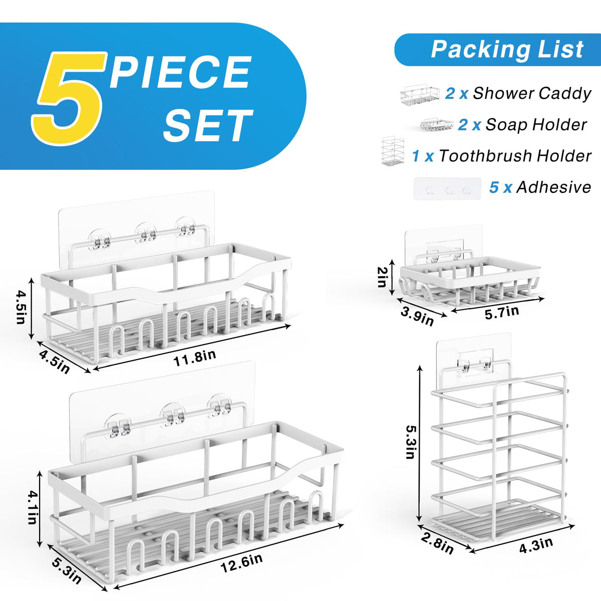EUDELE Adhesive Shower Caddy, 5 Pack Rustproof Stainless Steel Bath Organizers With Large Capacity, No Drilling Shelves for Bathroom Storage & Home Decor Black
