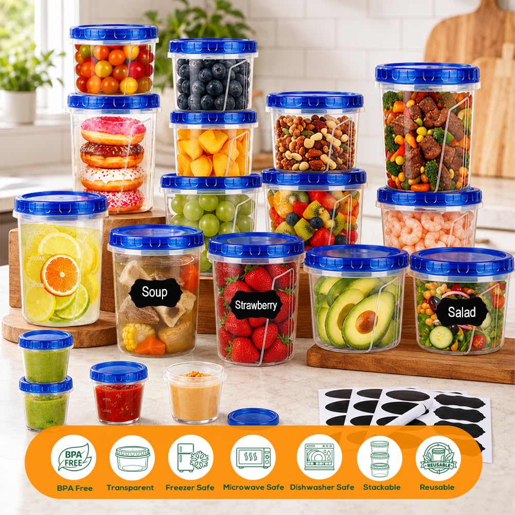 20 Pack Freezer Food Storage Containers with Twist Lids for Soup Meal Prep
