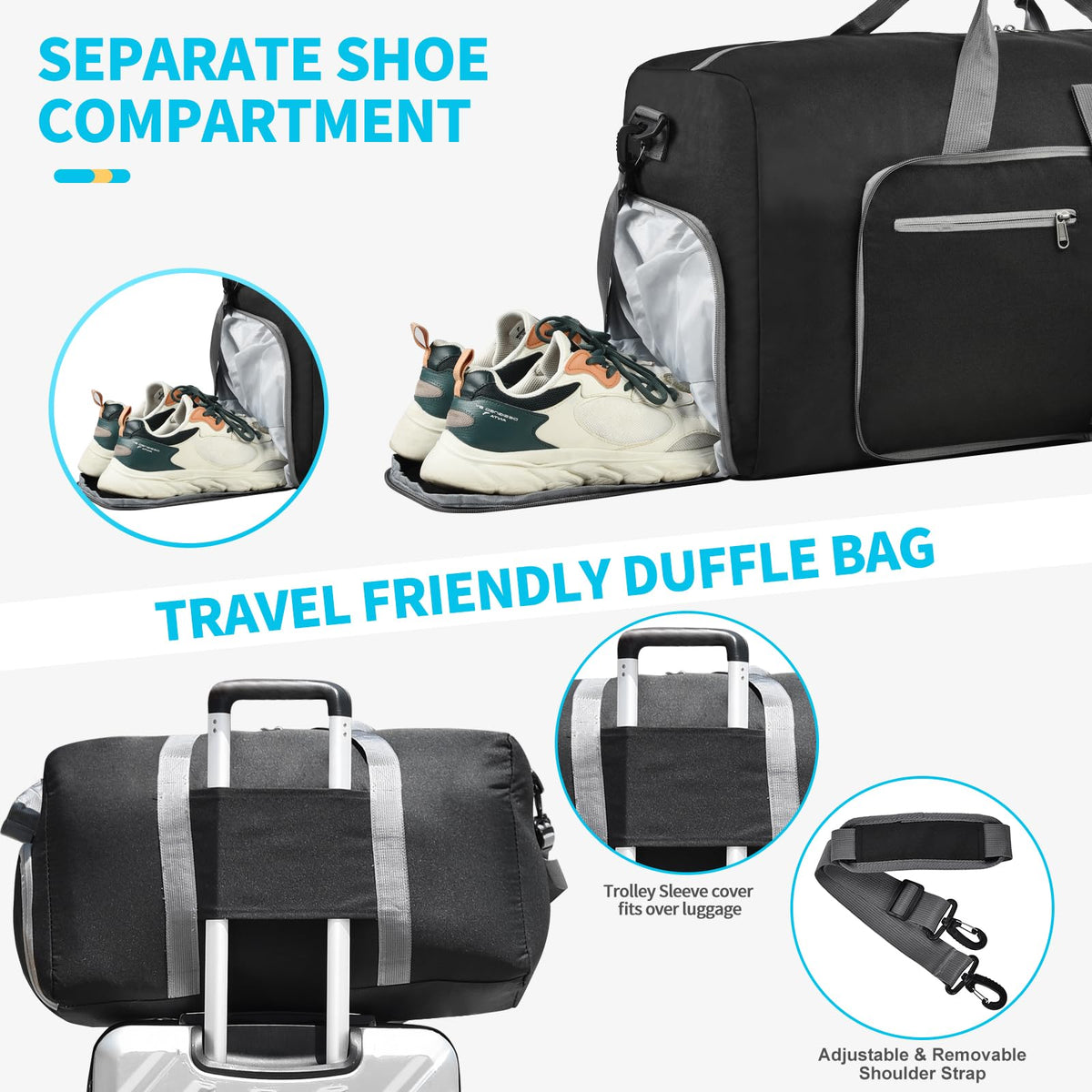 Felipe Varela Foldable Duffle Bag for Travel Weekend Overnight Gym Camping A Black 40L