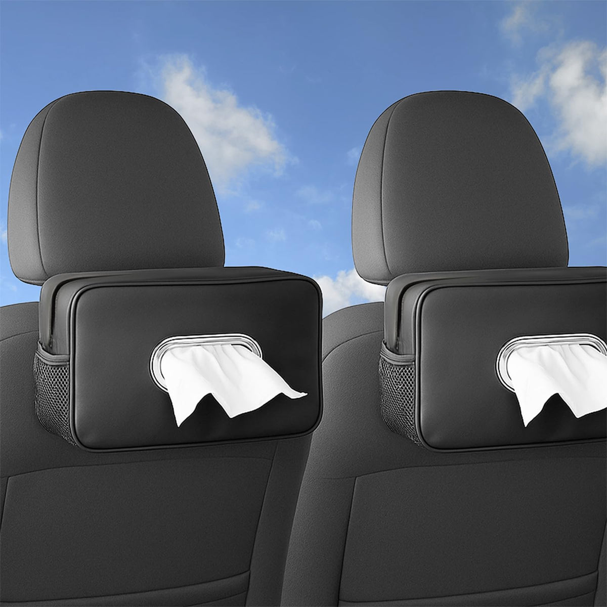 2PCS Multi-Functional Car Tissue Holder with ‌2 Tuck Nets, Tissue Box Cover 2pack Deep Black