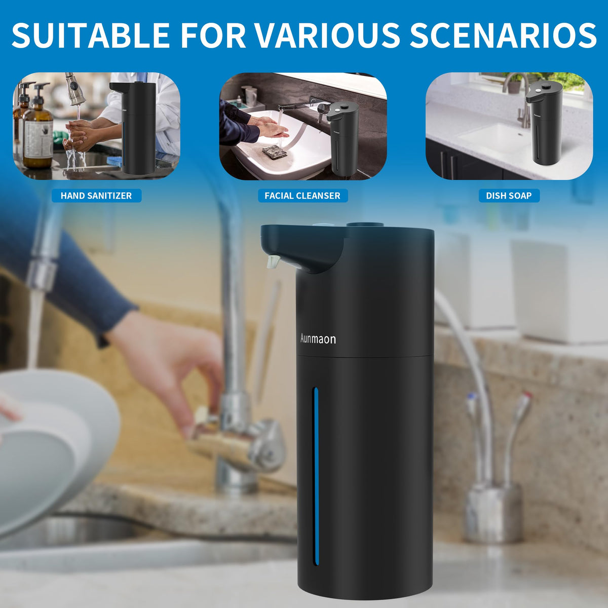 Automatic Soap Dispenser Touchless,15-Level,Kitchen Bathroom Black Bright Black
