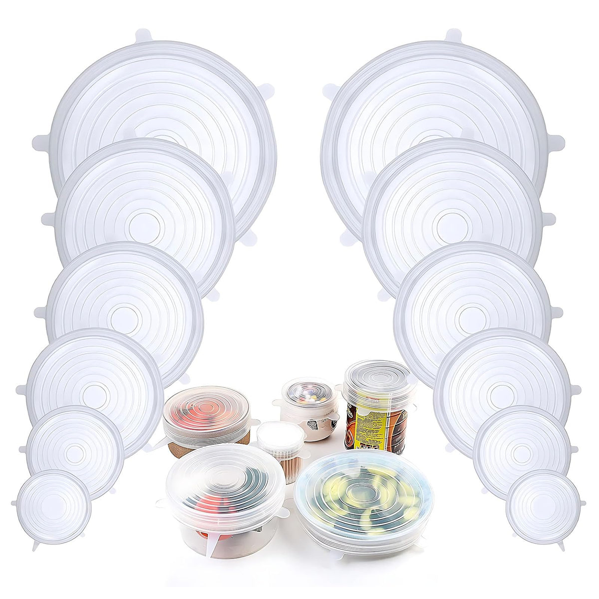Silicone Stretch Lids, 12 Pack of Reusable Silicone Lids for Food Storage BPA-free Silicone Covers for Bowls, 6 Different Sizes to Fit Most Food Containers, Microwave & Dishwasher Use Safe All Transparent