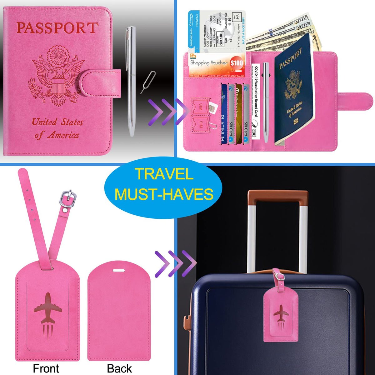 Passport Holder Cover Wallet RFID Blocking, Travel Essentials Pink Passport Covers