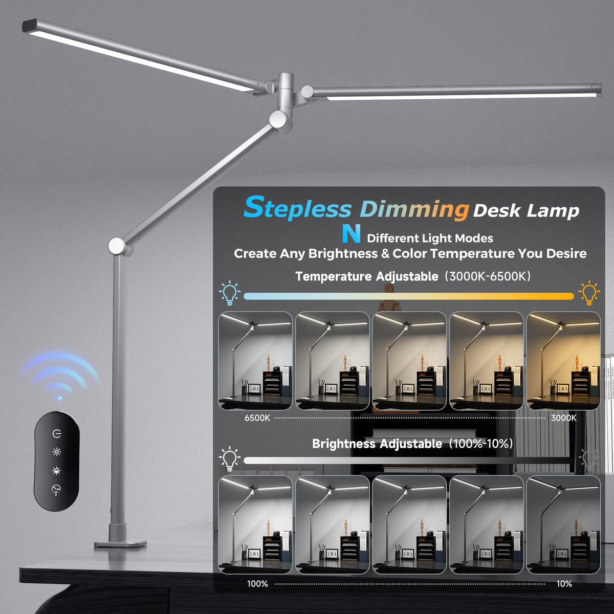 Airlonv LED Desk Lamp with Clamp, 17" Stepless Dimming Light, Black Standard