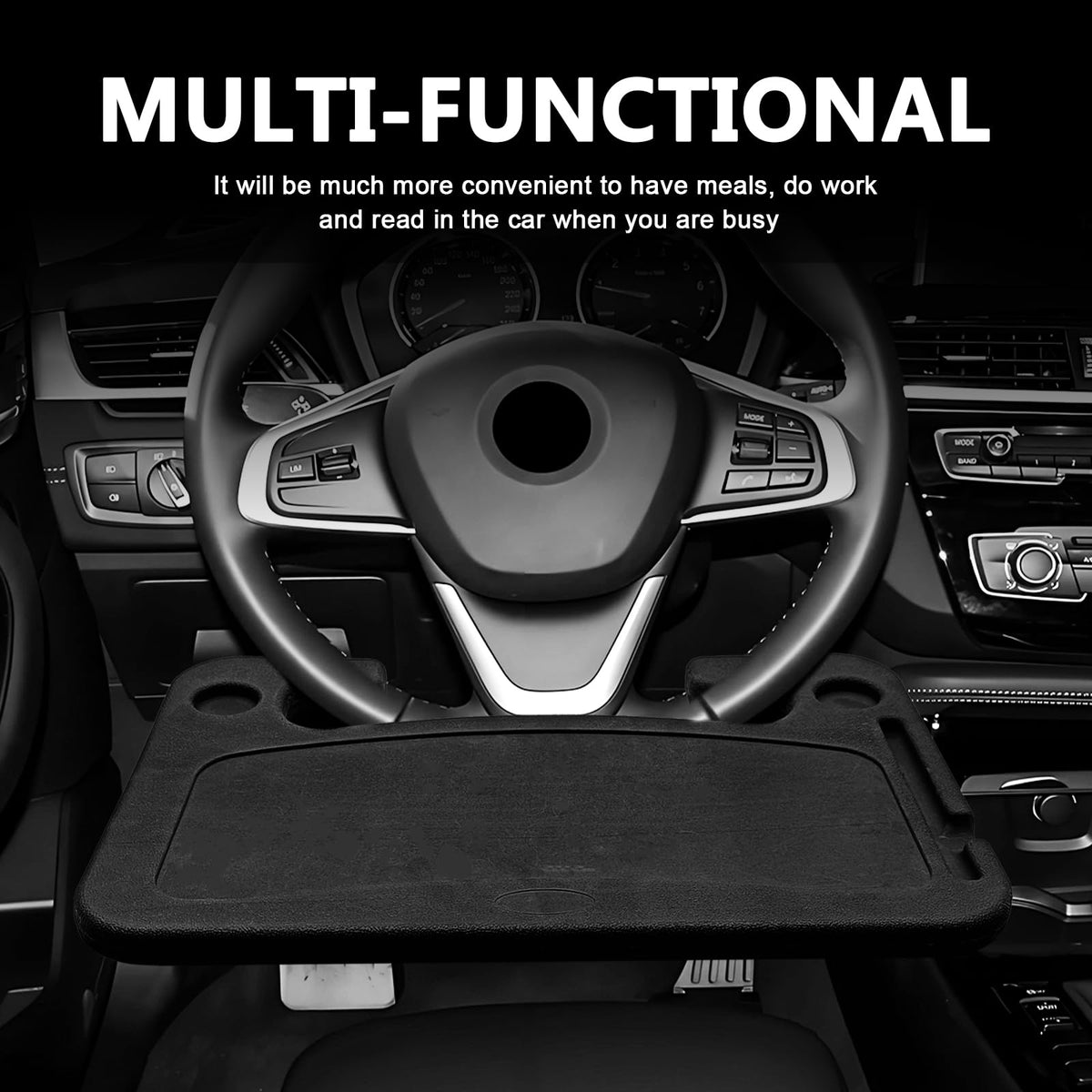 Multipurpose 2 in 1 Car Steering Wheel Desk Tray Laptop Mount and Food Table for Eating with Drink and Pen Holder Compatible with Most Vehicles (Black) black
