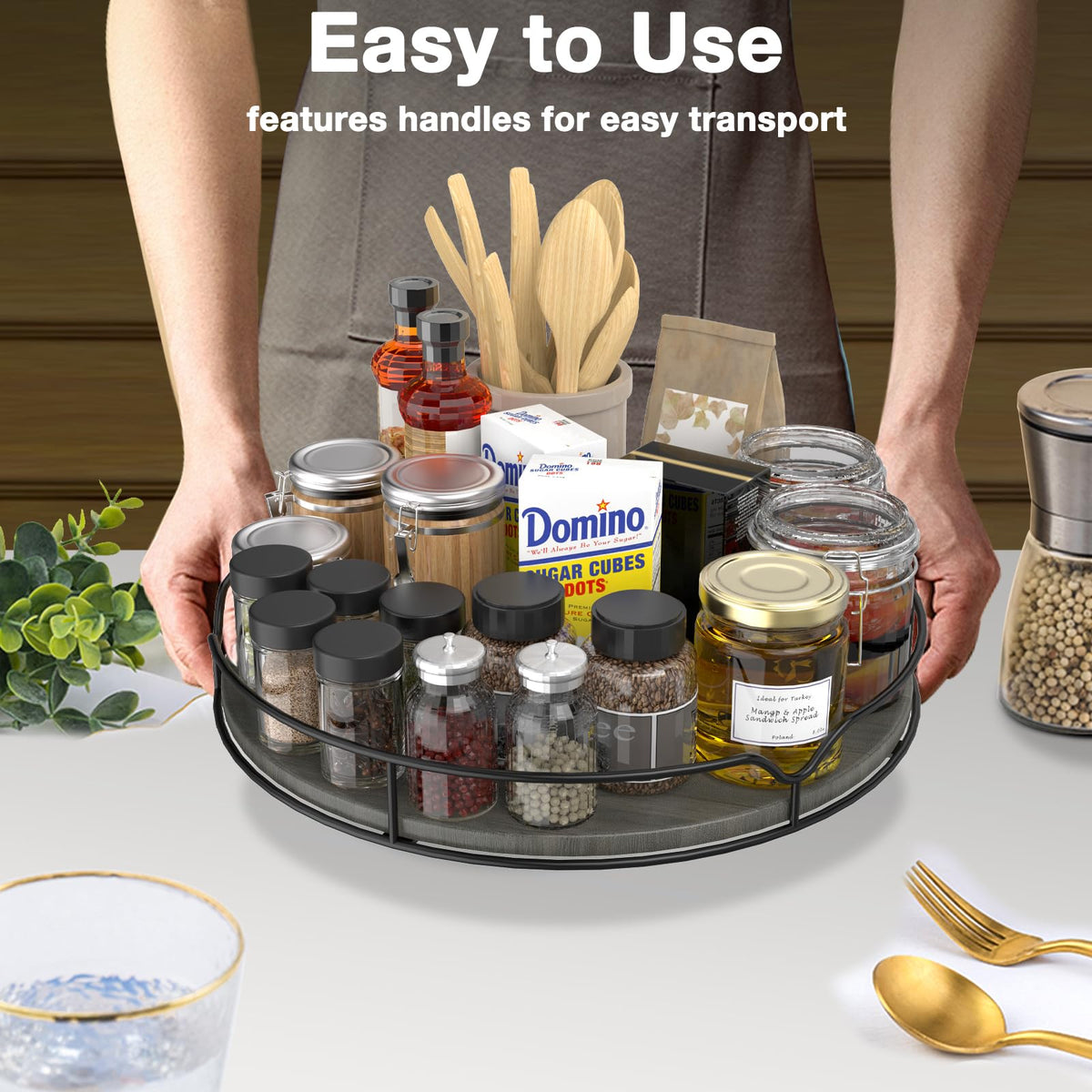 Lazy Susan Turntable Organizer for Cabinet Pantry Kitchen Countertop Refrigerator Cupboard, Pine Wood, 9", Carbonized Black 9''