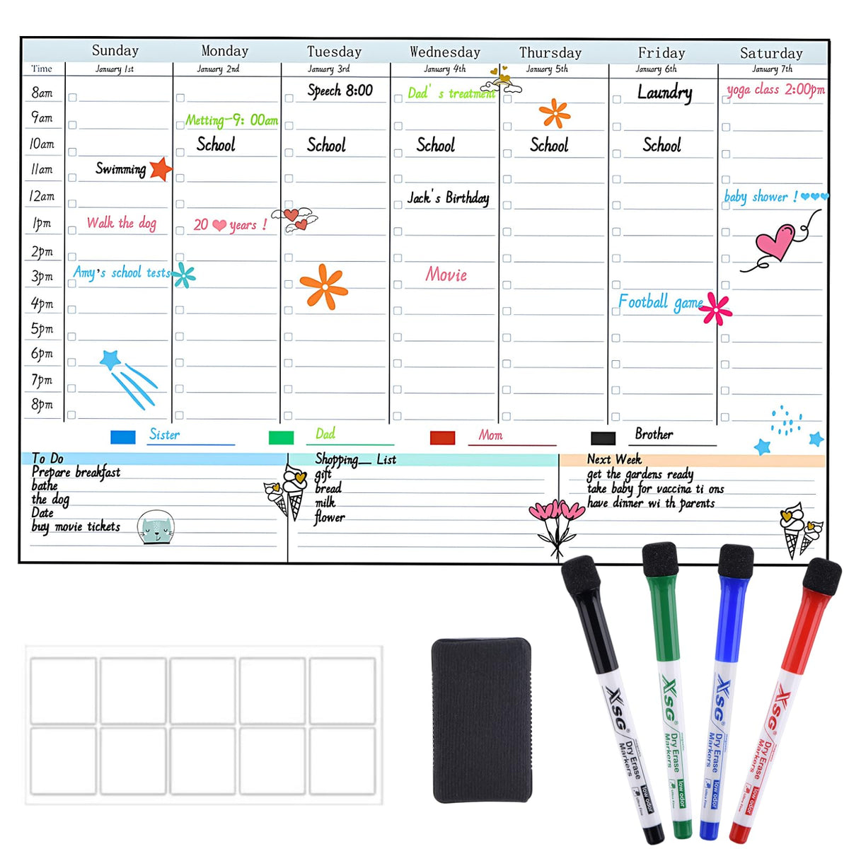 Magnetic Dry Erase Weekly Calendar Board