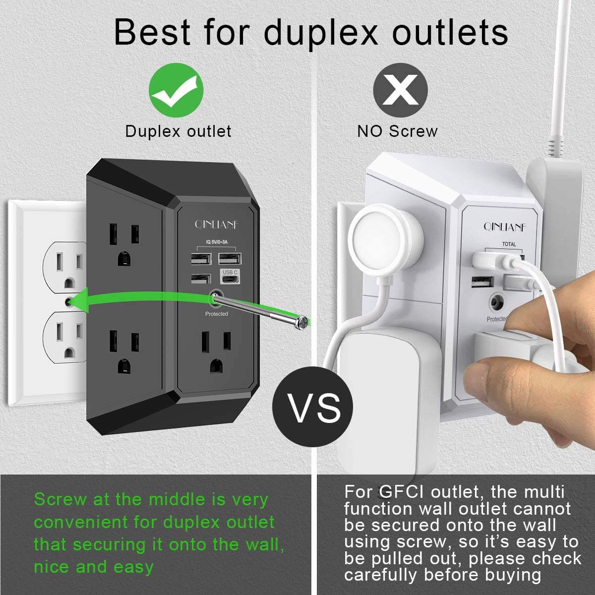 Wall Charger, Surge Protector, QINLIANF 5 Outlet Extender with 4 USB Ports Black 3U1C
