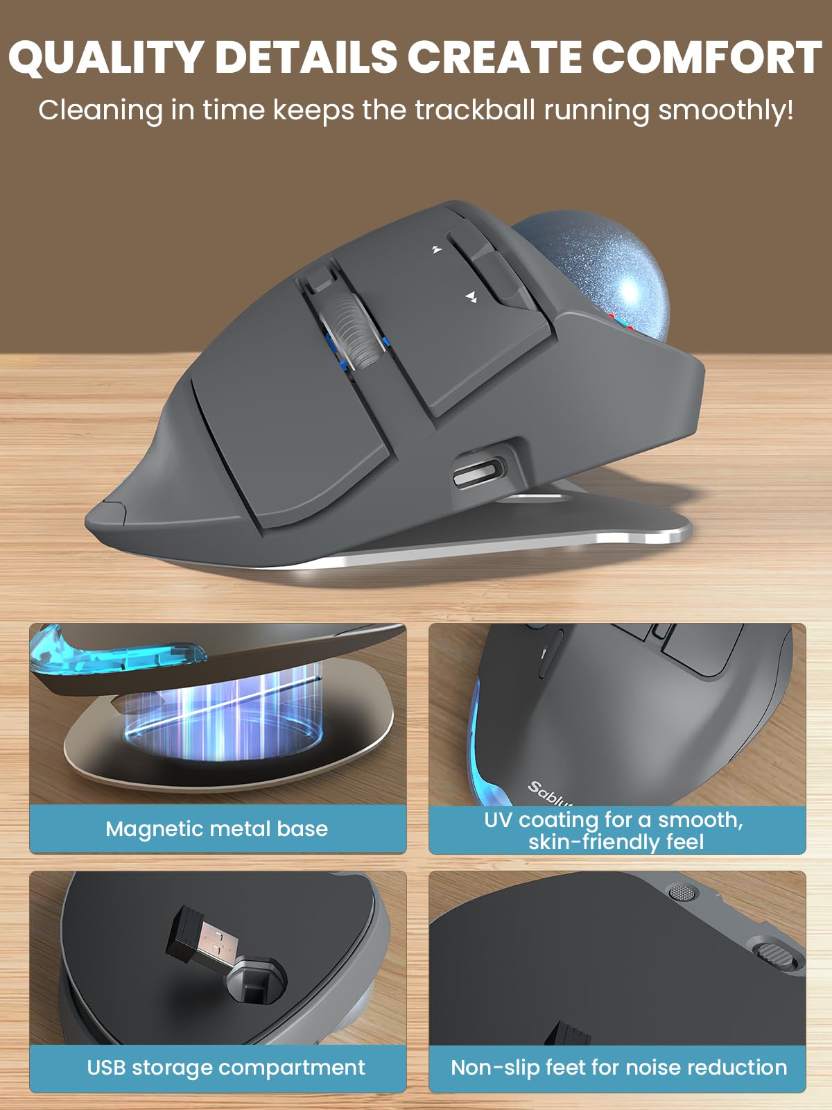 Ergonomic Wireless Trackball Mouse, Rechargeable Adjustable 0°/18° Angle Gray ball