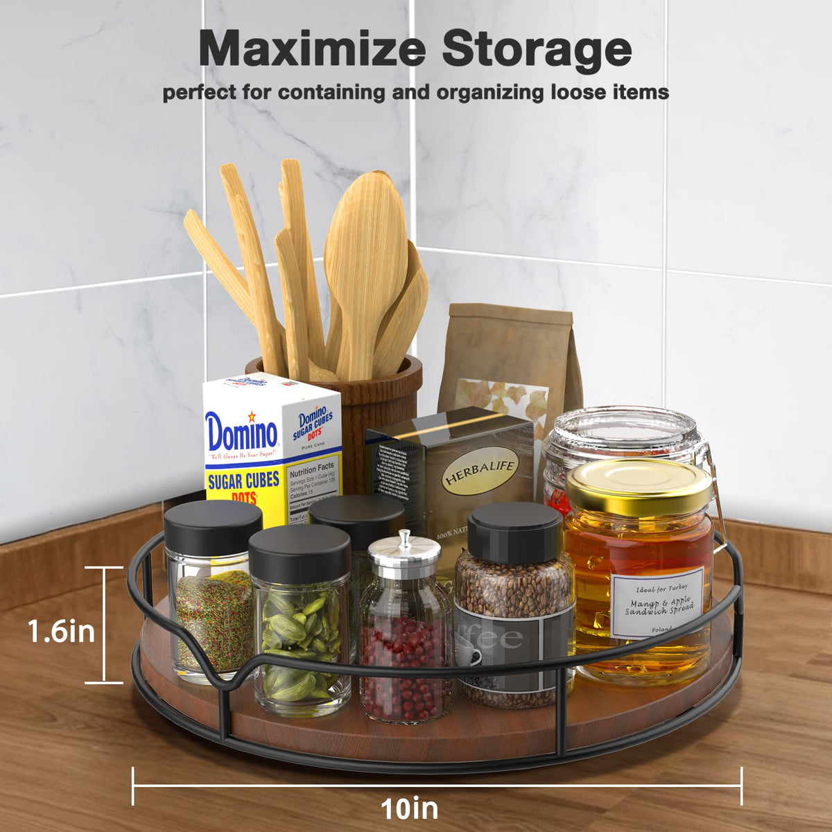 Lazy Susan Turntable Organizer for Cabinet Pantry Kitchen Countertop Refrigerator Cupboard, Pine Wood, 9", Carbonized Black 9''