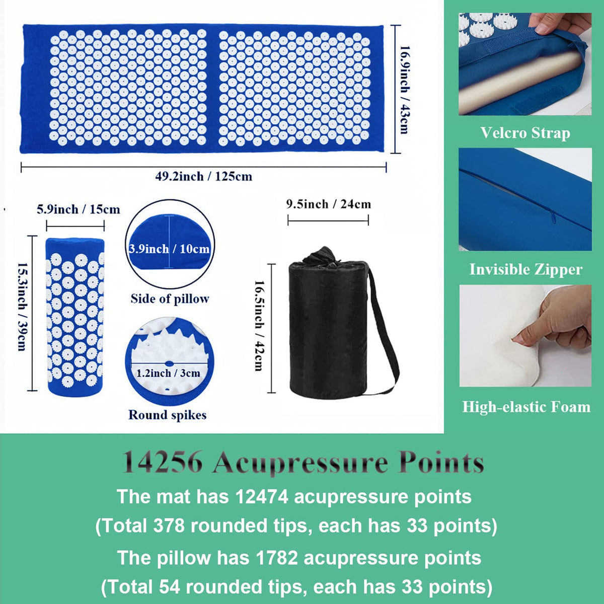 Acupressure Mat and Pillow Set with Carry Bag