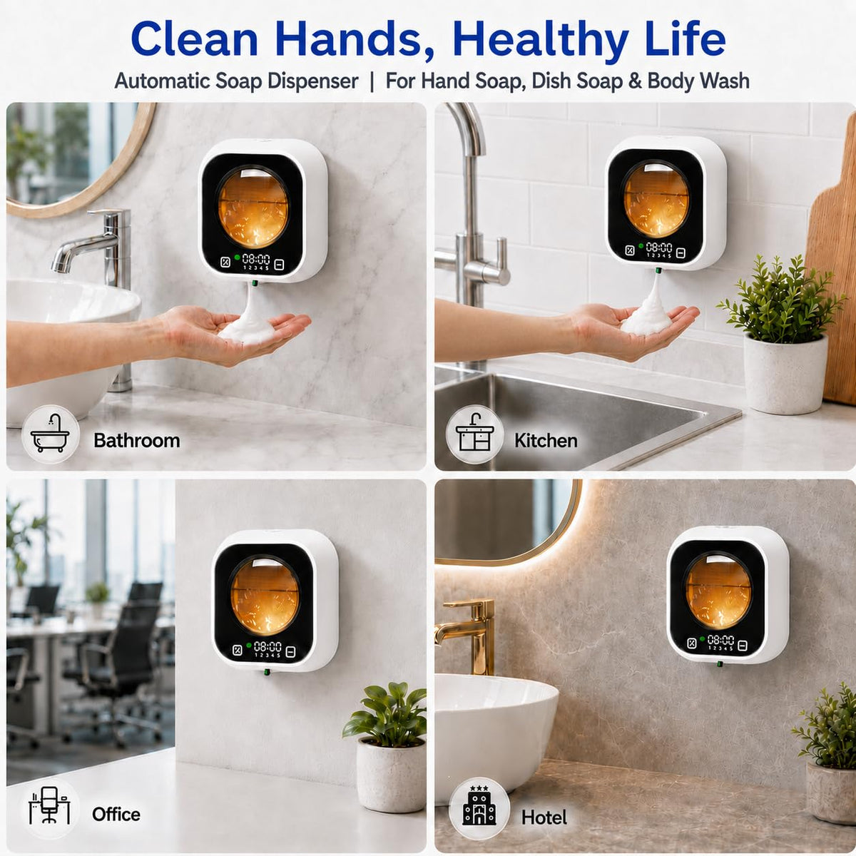 Automatic Soap Dispenser Touchless, Wall Mount, Rechargeable, Mood Lighting Black
