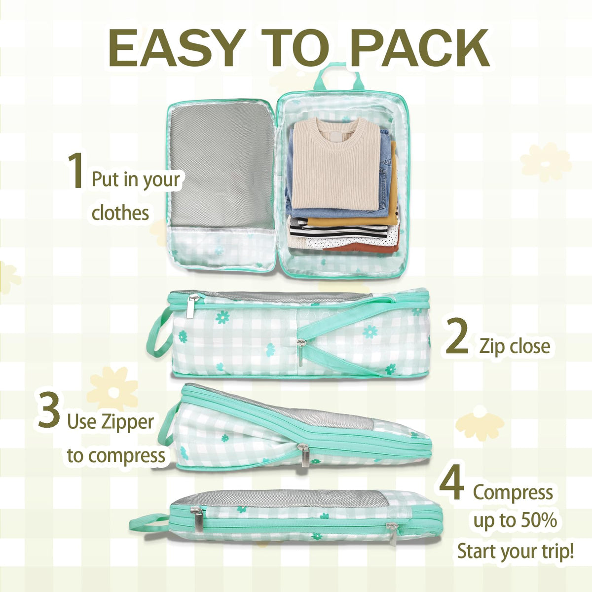 7 Pcs Compression Packing Cubes Travel for Suitcases, Luggage Organizer Washable Storage Bags Set for Backpack Travel- Packaging Cubes for Carry-Ons and Storage yellow orange
