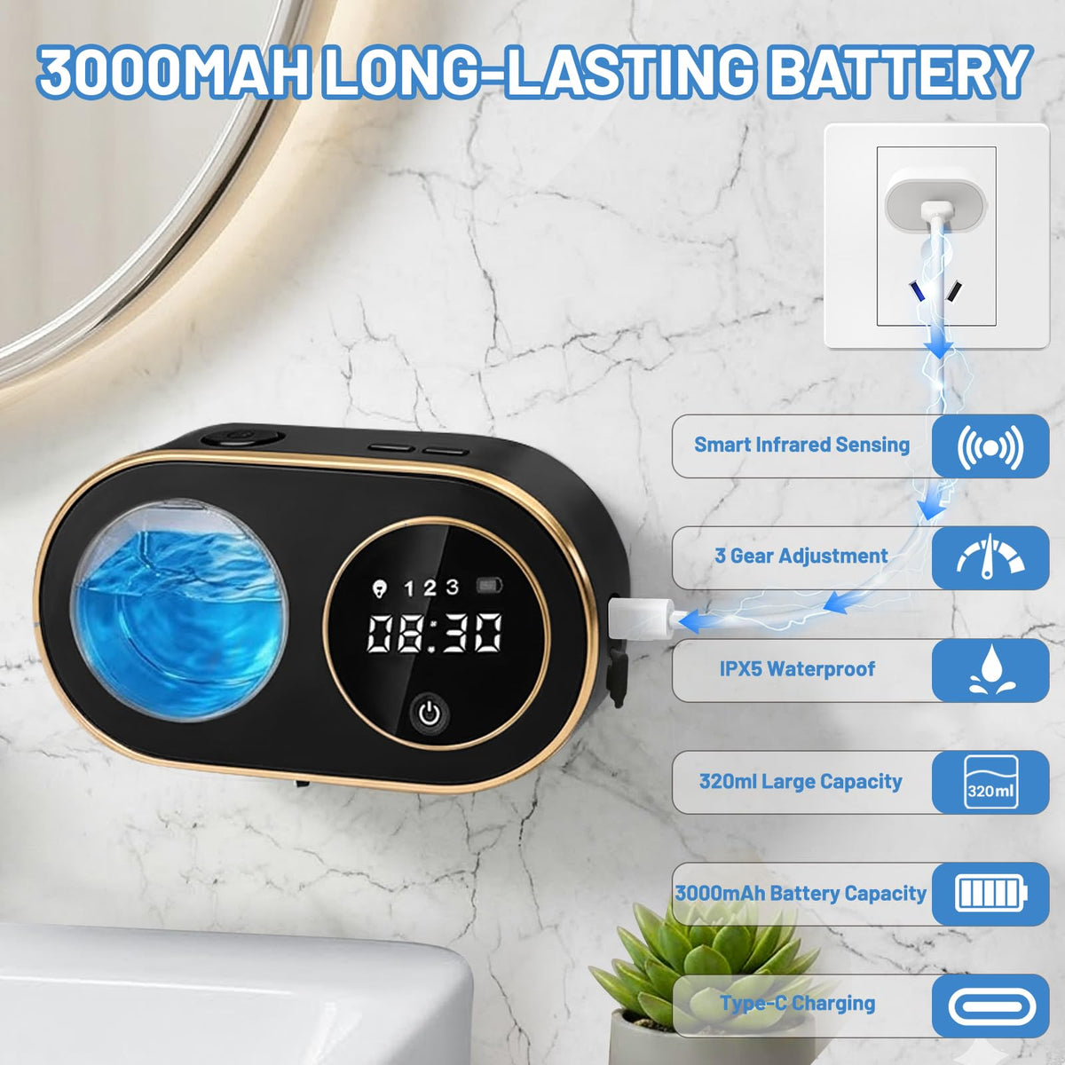 Automatic Soap Dispenser, 320ML Touchless Smart Hand Soap Dispenser, 5 Adjustable Soap Levels, Rechargeable Wall Mounted Electric Foam Soap Dispenser for Bathroom Kitchen Office (Black) Black
